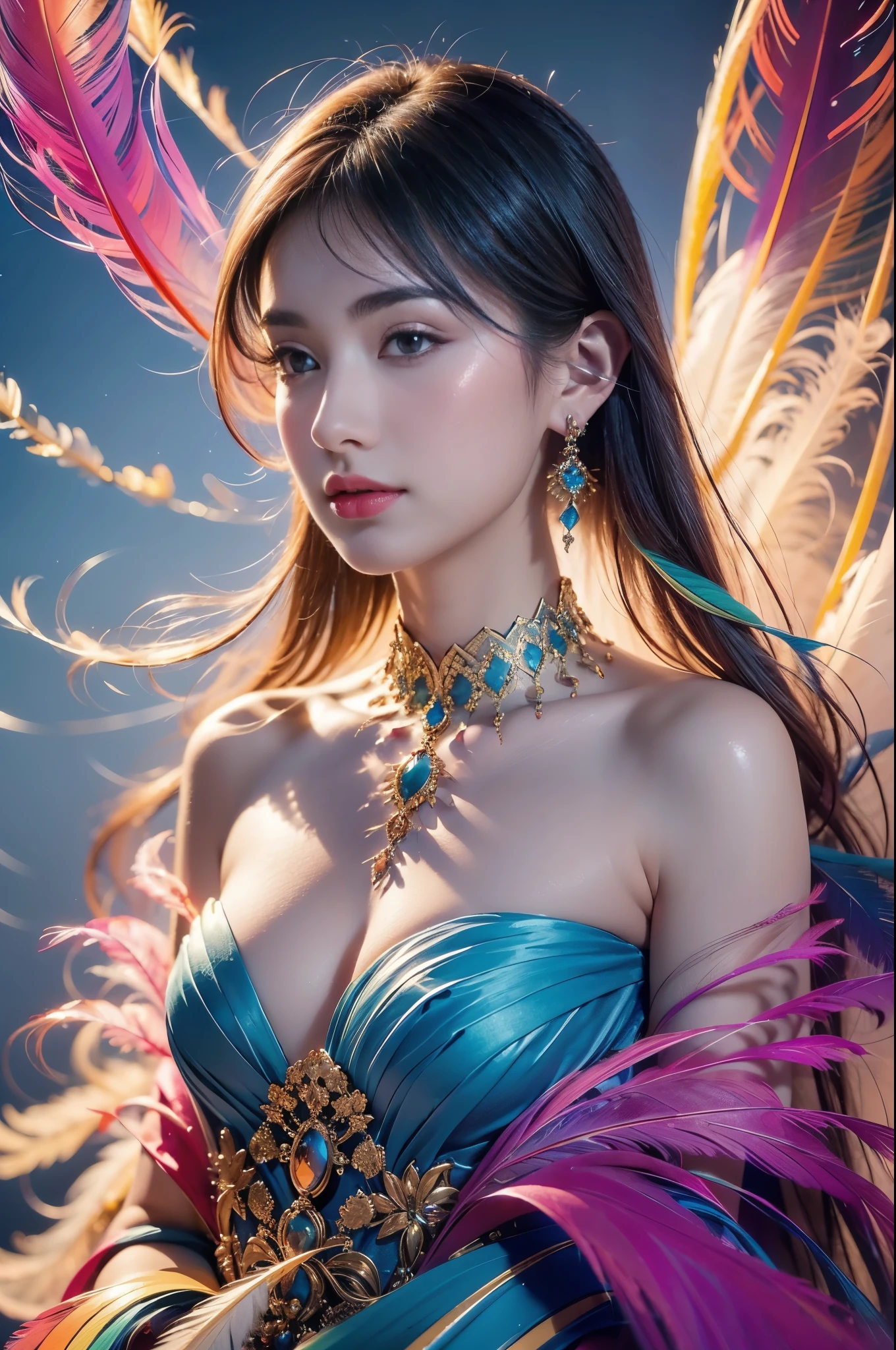 1 sister,(earrings feather:1.2),(tmasterpiece, quality, Best quality, offcial art, Beautiful and beautiful:1.2),very detailed nipples,(s fractal art:1.1),(Colorful:1.1),Feather background,