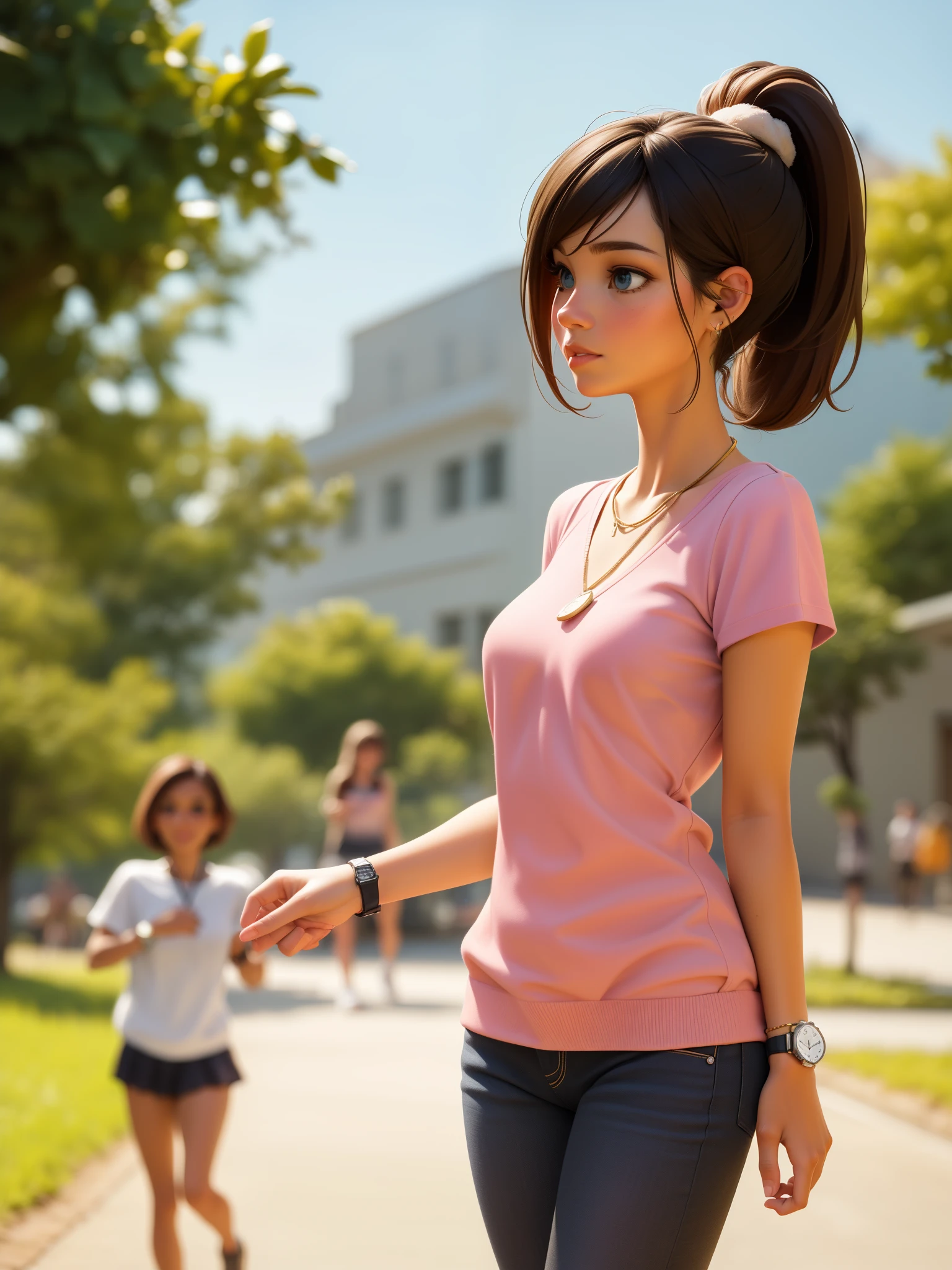 brown hair, blue eyes, ponytail, cheerleader outfit, gold necklace, wrist watch, walking, facing viewer, sunny day, photorealistic