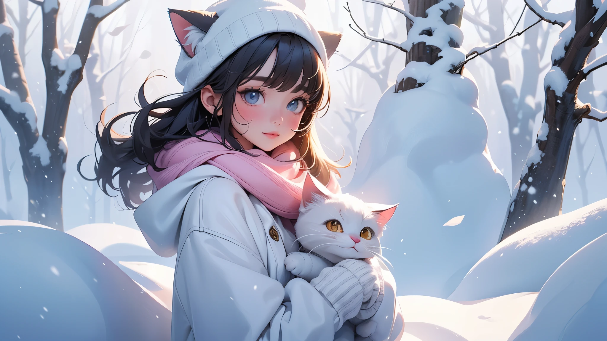 (best quality,4k,8k,high resolution,masterpiece:1.2),Super detailed,(actual,photoactual,photo-actual:1.37),A cute cat girl，Has soft, fluffy white fur, With cute and delicate eyes and delicate pink nose and lips, Standing in the snow. Girl with sweet and innocent expression, With a hint of curiosity in his eyes. She wears a comfortable winter coat, Pair it with a knitted hat and scarf that matches the color of her fur, Adds an extra touch of cuteness to her appearance. Snowflakes fell gently around her, Create a magical and dreamy atmosphere.

The snow-covered land is pristine and pure, Create a soft and tranquil background for Cat Girl. Parts of trees and leaves covered with snow, Thin branches peeked out through the white blanket. sunlight through the trees, Casts a warm, soft glow on the scene, Enhance the overall charming atmosphere.

The color palette is dominated by white and soft pastels, Create a calm and soothing atmosphere. Catgirl&#39;s fur is a mix of white and cream, There is a hint of pink blush on the cheeks. The landscape is bathed in cool tones of blue and gray, Subtle pastel pinks and purples in the sky and clouds.

Lighting is soft and diffuse, Cat girl silhouette illuminated with soft backlight, Creates a soft halo effect around her. Shadows cast by trees add depth and dimension to the scene, Enhance its overall sense of realism.

This prompt will deliver a stunning and heartwarming masterpiece, Snow scenes show the beauty of nature and Catwoman’s innocence.