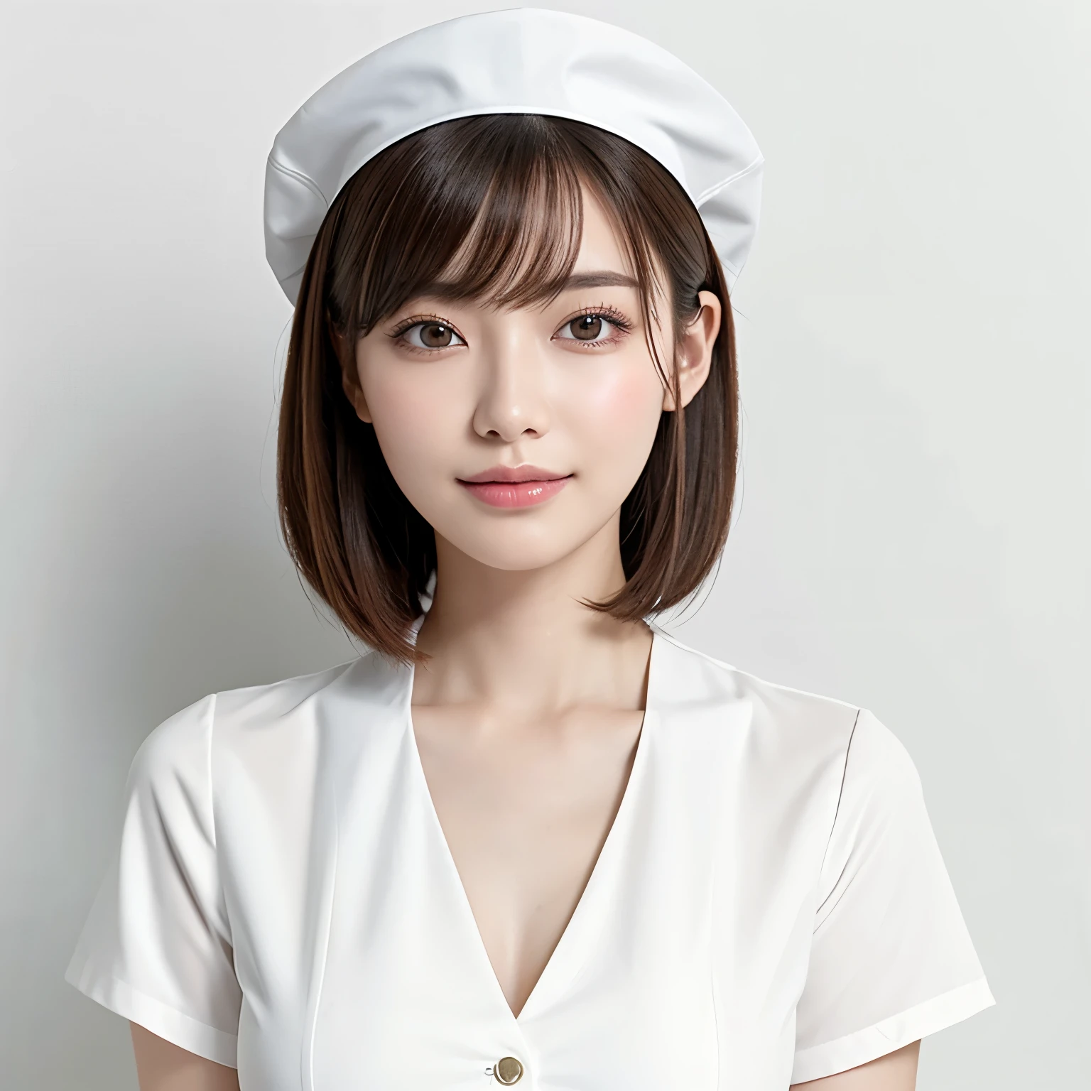(highest quality、table top、8k、best image quality、Award-winning work)、1 beautiful nurse、(solo:1.1)、straight short hair、perfect bangs、(perfect and most natural nurse uniform:1.2)、(Perfect and most natural plain white nurse cap:1.2)、(the most natural real nurse hat:1.2)、(The simplest pure white background:1.5)、(Perfectly fixed to the front:1.3)、very big breasts、emphasize body line、(Perfect frontal and horizontal portrait of a woman with adequate white space:1.3)、(Depicting a woman perfectly horizontally and frontally:1.3)、beautiful and detailed eyes、look at me and smile、(Upright photo from the chest up:1.3)、(Please turn and look straight at me:1.3)、elegant makeup、Ultra high definition beauty face、ultra high definition hair、Super high-definition sparkling eyes、Super high resolution glossy lips、accurate anatomy、very beautiful skin、Super high-definition glowing beautiful skin、Graceful upright posture seen from the front、(very bright:1.3)