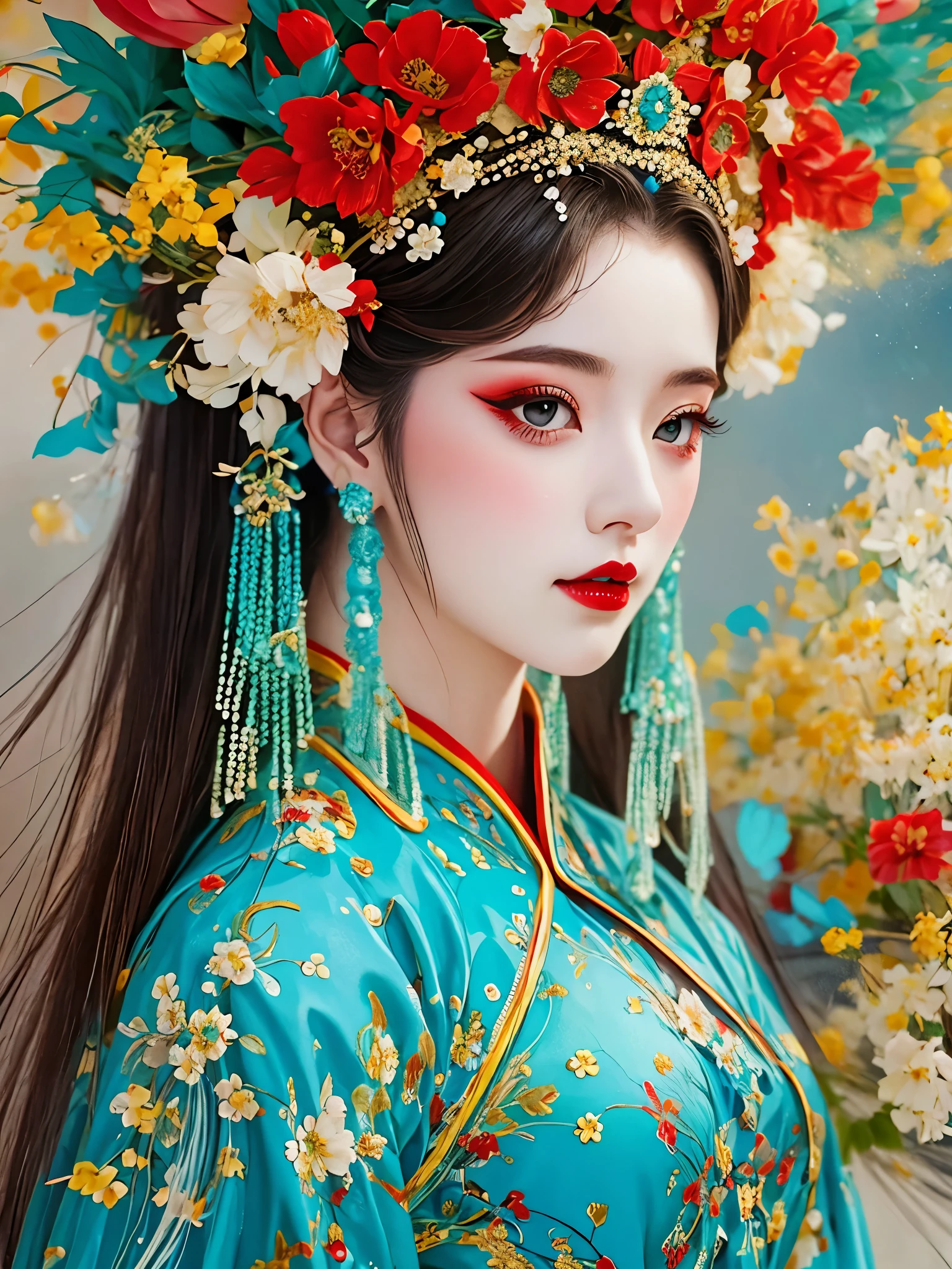 (masterpiece, best quality:1.2),1 girl,beautiful，portrait，Chinese Peking Opera，Gorgeous costumes，Exquisite headdress，flower headdress，tassel，pearl，clean background，blue，Red，green