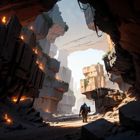 cave，cliff，There is machinery in the distance，Wasteland wind，Scene concept design