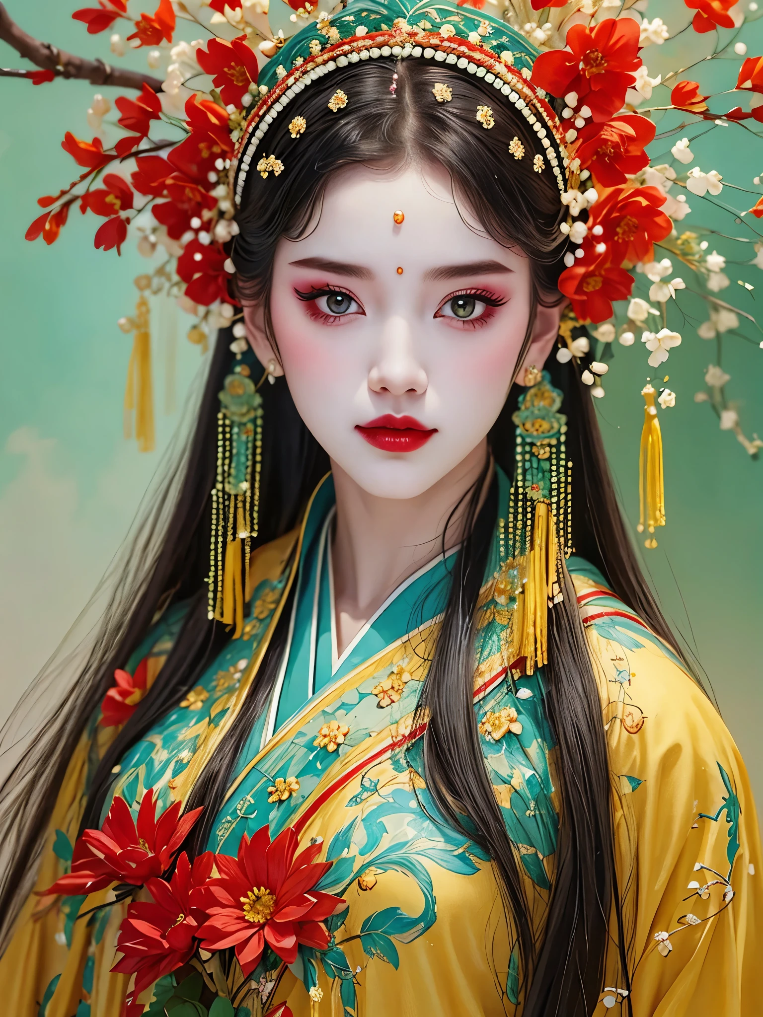 (masterpiece, best quality:1.2),(meticulous painting:1.37).（a girl,beautiful，portrait），look at camera，landscape on hair，landscape，Hanfu，Skin details， alone，Chinese Peking Opera，Gorgeous costumes，（flowing long hair:1.37），（Exaggerated and exquisite headdress，flower headdress，tassel，pearl），clean background，blue，Red，green