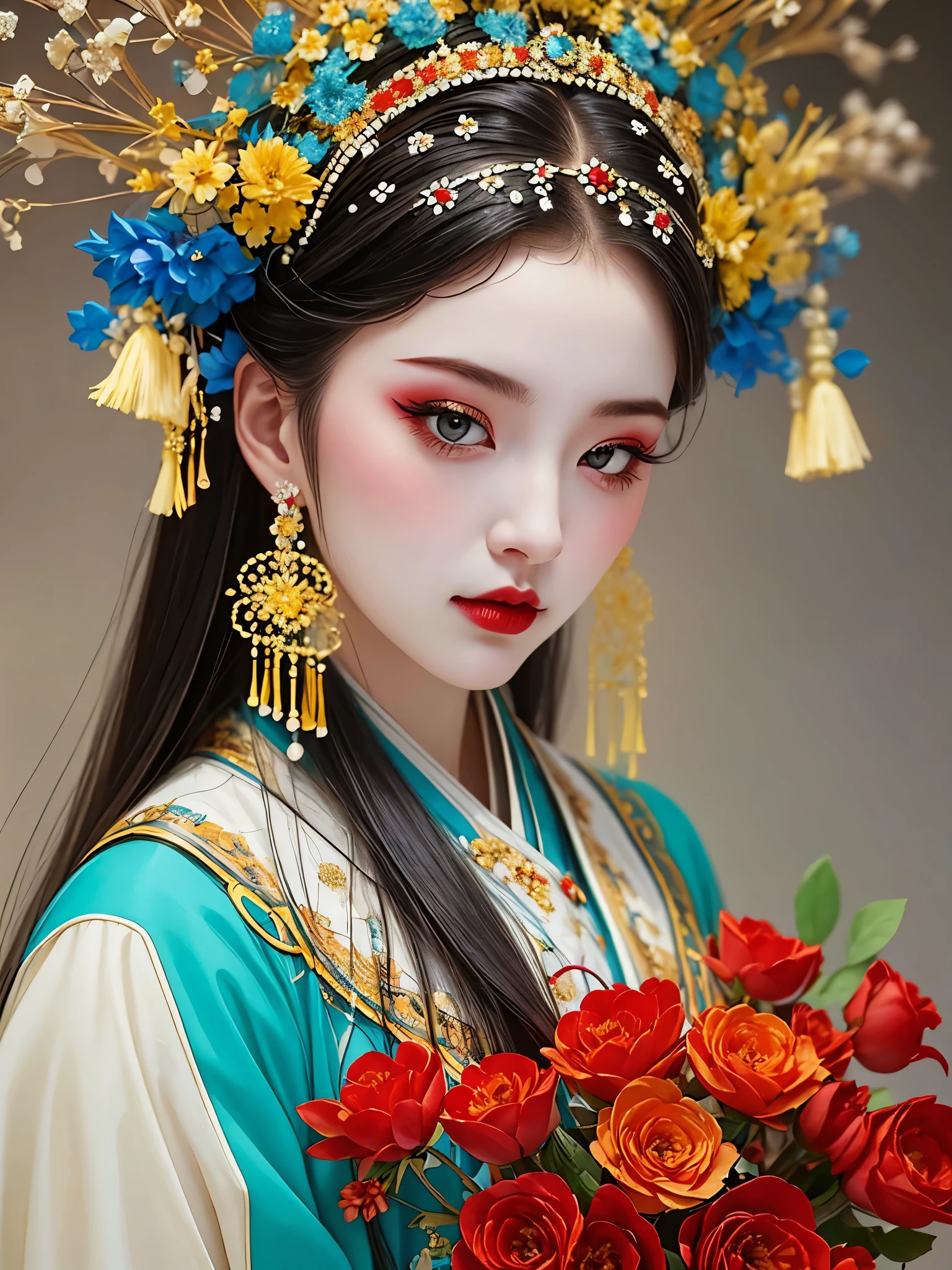 (masterpiece, best quality:1.2),1 girl,beautiful，portrait，Chinese Peking Opera，Gorgeous costumes，Exquisite headdress，flower headdress，tassel，pearl，clean background，blue，Red，green