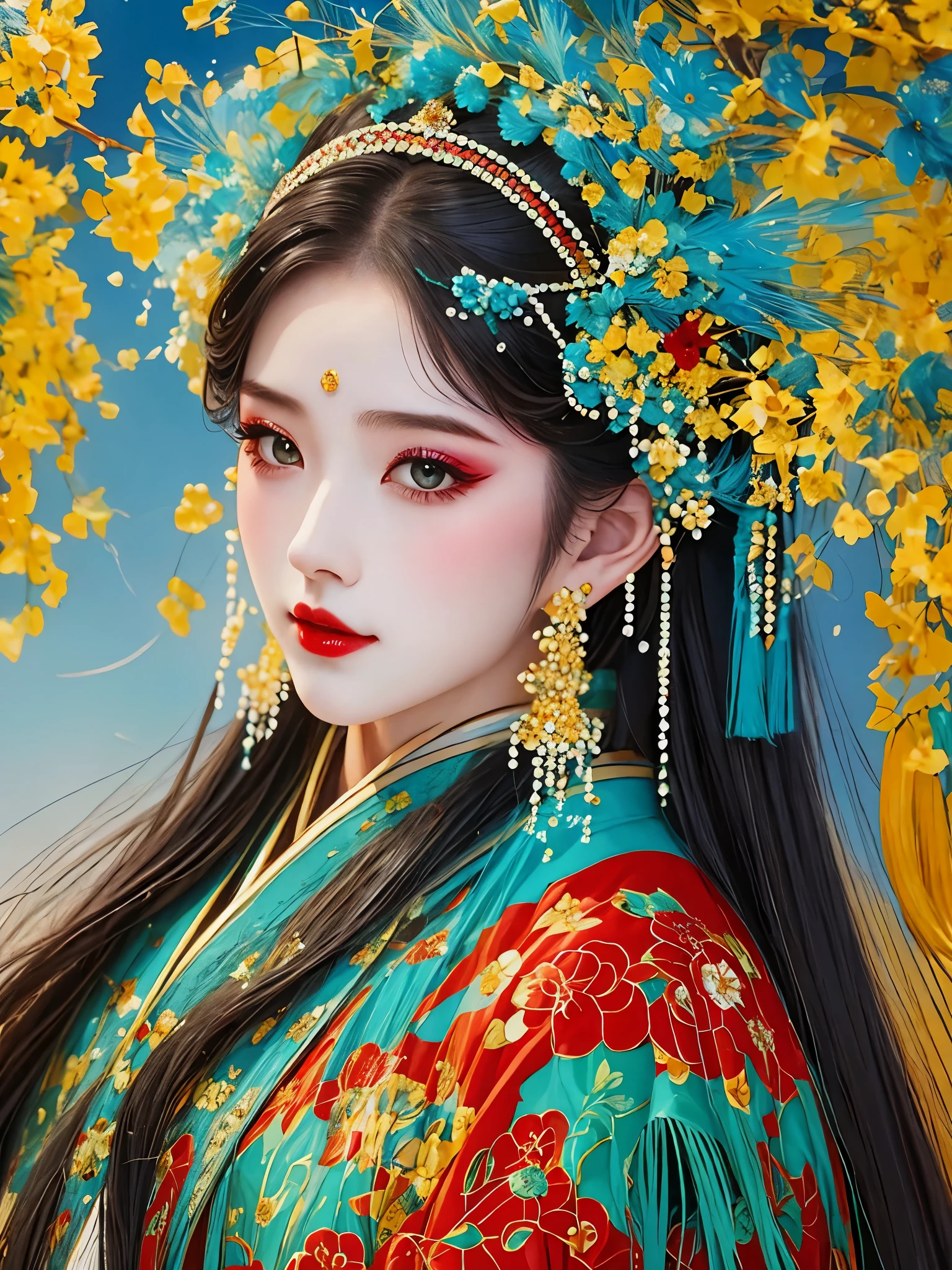 (masterpiece, best quality:1.2),1 girl,beautiful，portrait，Chinese Peking Opera，Gorgeous costumes，Exquisite headdress，flower headdress，tassel，pearl，clean background，blue，Red，green