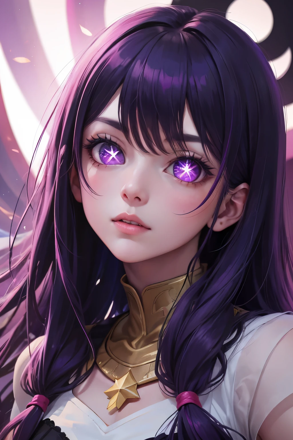 (highly detailed:1.3),upper body, 1girl, solo
Ai hoshino, pink gloves, jewellery, (star shaped eyes),(purple eyes:1.2), purple hair
Ultra-detail,(highres:1.1),best quality,(masterpiece:1.3),cinematic lighting,
(detailed face and eyes:1.3),