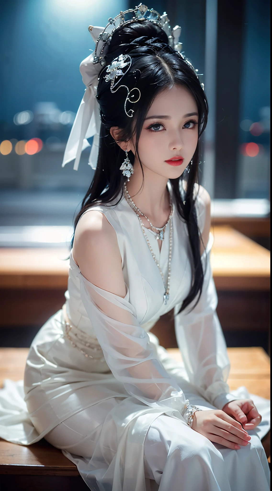BAINV, ((Shot from random angles)), ((sitting position)), ((in the classroom, sitting on the podium)), (Yushuxin,1 girl,alone), clear face, pretty face, 8K, masterpiece, original photo, best quality, detail:1.2,lifelike, detail, Very detailed, CG, Unite, wallpaper, depth of field, movie light, lens flare, Ray tracing, (extremely beautiful face, beautiful lips, beautiful eyes), complex, detail face, ((ultra detailed skin)), 1 girl, in the darkness, deep shadow, beautiful girl, pop idol,(Very slim figure:1.3), plump breasts, big breasts, Slender sexy legs, very nice legs, elegant posture, (bright smile), (City night, (neon lights), (night), beautiful girl, white diamond earrings, diameter bracelet, Dia Necklace, clear eyes, (big eyes)