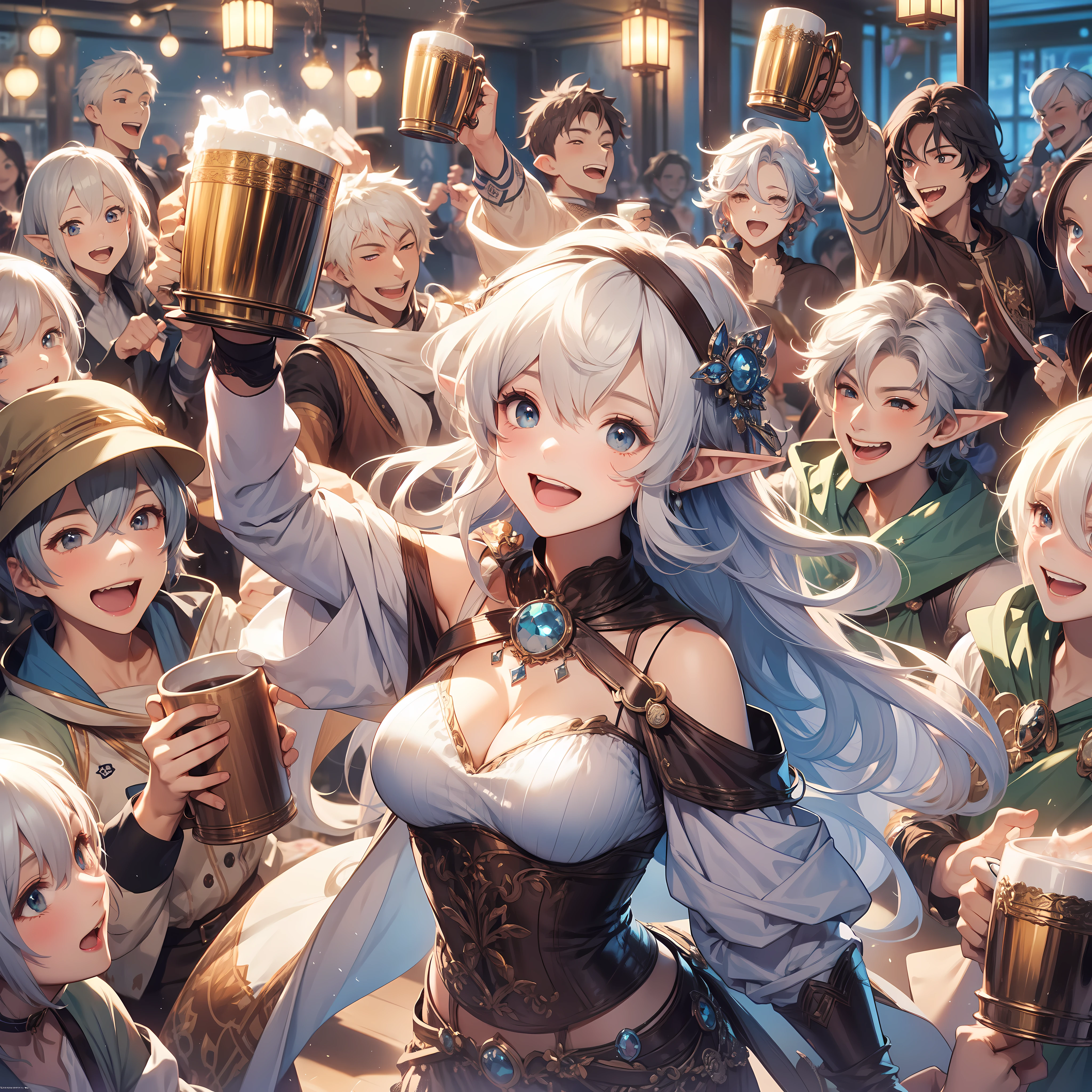 In the lively atmosphere of a bar, a white-haired and blue-eyes elf girl stands at the center, raising her mug high. Around her, all the adventurers present join in, raising their mugs in celebration of their victory. The elf girl is surrounded by the happy faces of her companions, embodying the joy and camaraderie of their shared success, (celebratory atmosphere), (raising mugs in unison), (victorious celebration), by Mikimoto Haruhiko 