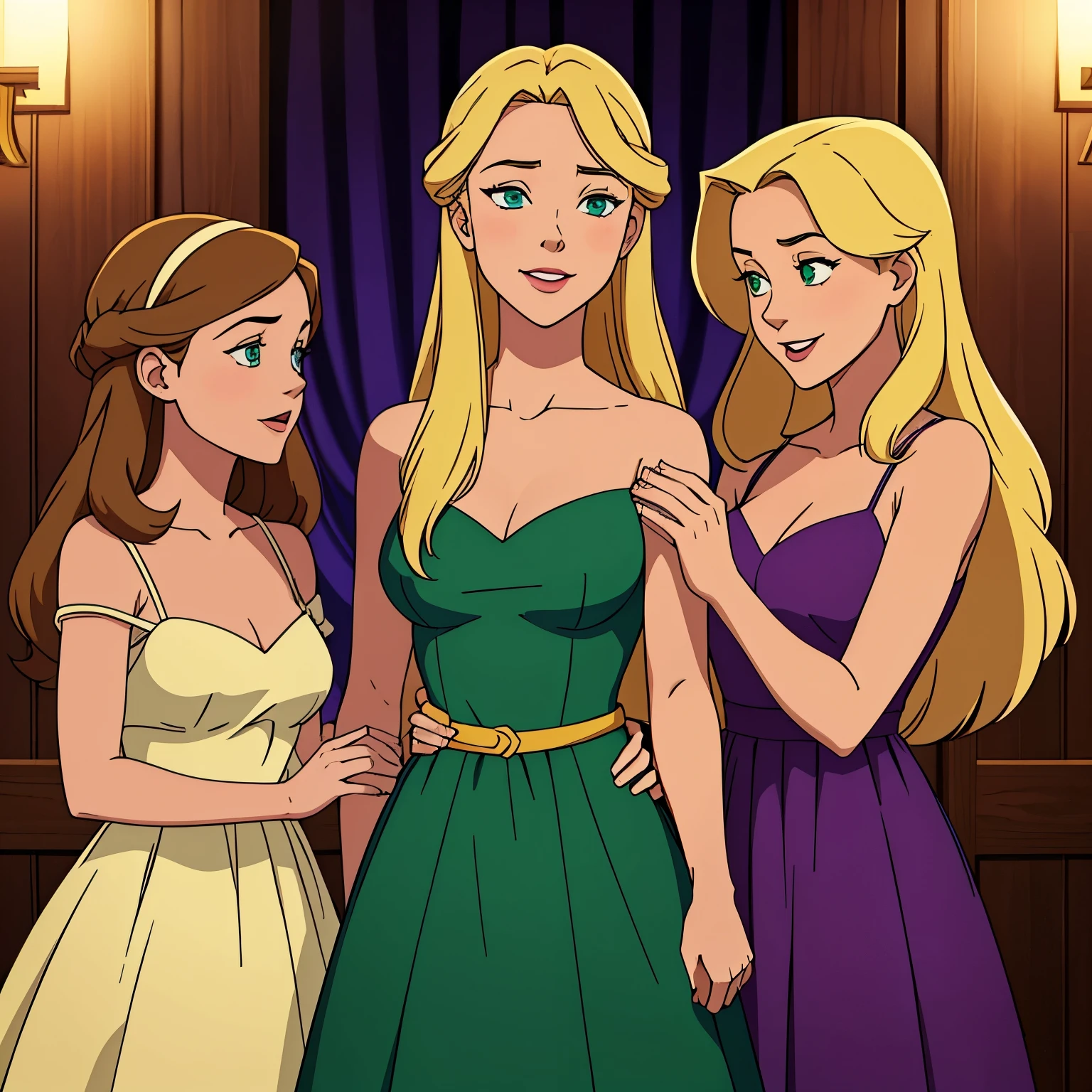 Three girls press their cheeks to each other and smile. The first girl with waist-length brown hair and green eyes. The second has shoulder-length blond hair and green eyes.. The third has blue eyes and shoulder-length blonde hair., with a purple tint. All the girls are dressed in cute dresses. cute. Cartoonish.