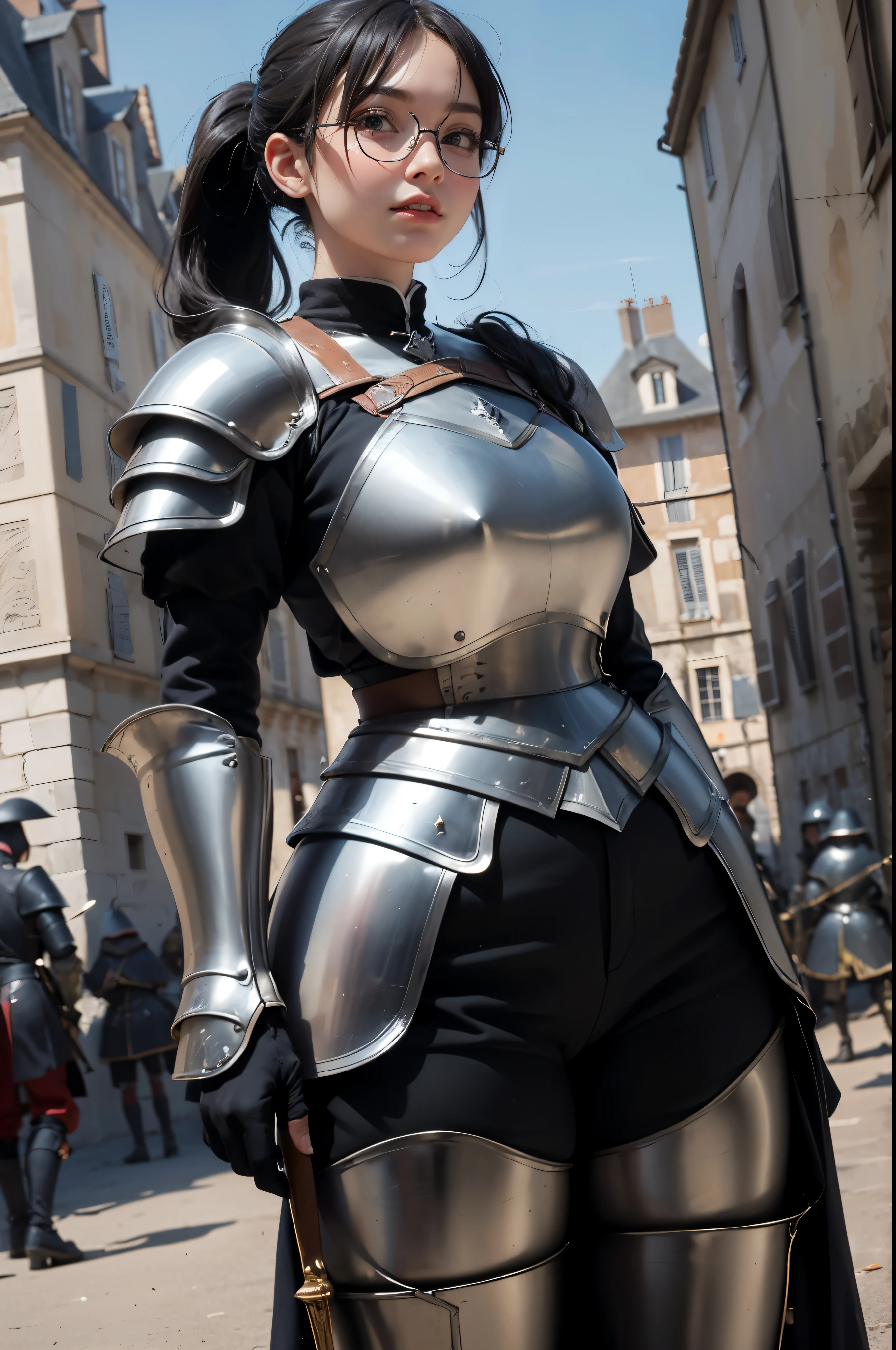 ((Vue grand angle des Cent Ans&#39; Guerre en France)), belle jeune femme, cheveux noirs en queue de cheval, lisse, porter des lunettes, Portez l&#39;armure de Jeanne&#39;arc