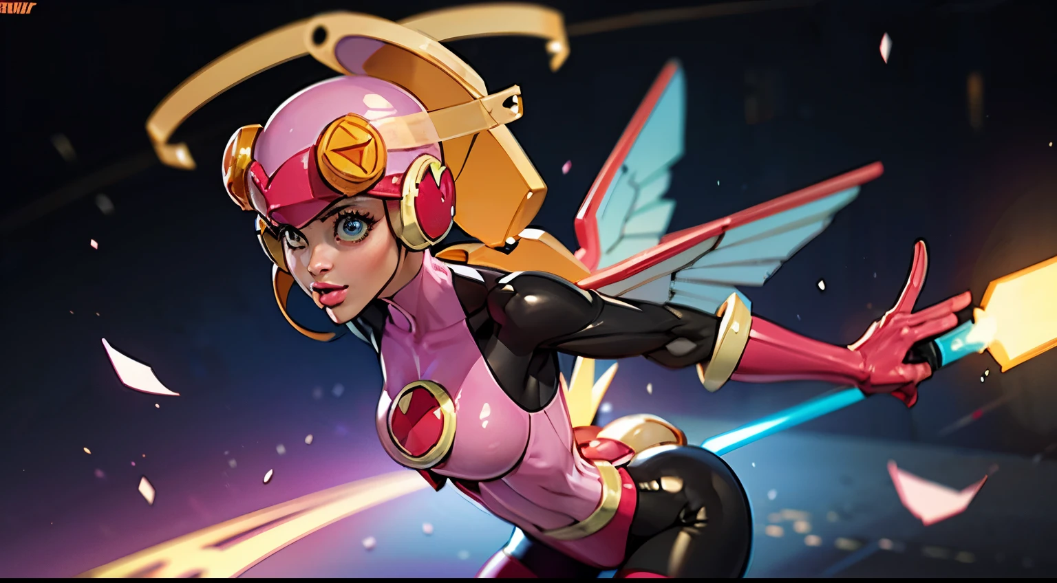 1 supersexy girl wear a roll.exe bodysuit, mechanical wings, Space War Background, pink Aura Body, pink helmet, yellow antenna on head, Supernove Power, Light blonde Hair, large ponytail, Red Eye, Perfect Body, Sexy, neon glow, hovering, very detailed, Fighting stance, mecha musume, detailed eyes, detailed face