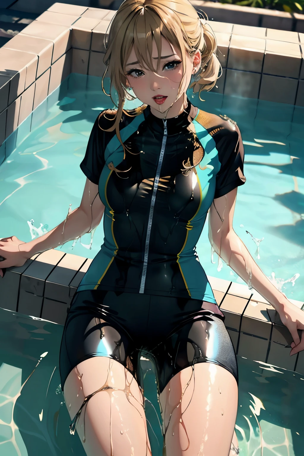 best quality, high quality, highres, beautiful women, tanned gyaru, blonde hair, high detail, good lighting, lewd, hentai, (((shiny wet spandex short-sleeved cycling suit))), ((wet clothes)), ((soaking wet)), ((wetlook)), (bare thighs), (((wetting herself))), (((peeing herself))), (((peeing self))), (pee streaming down legs), peeing stain, (puddle), (thick thighs), nice long legs, lipstick, detailed face, pretty face, seductive face, aroused, sexually excited, ((in water bathing))
