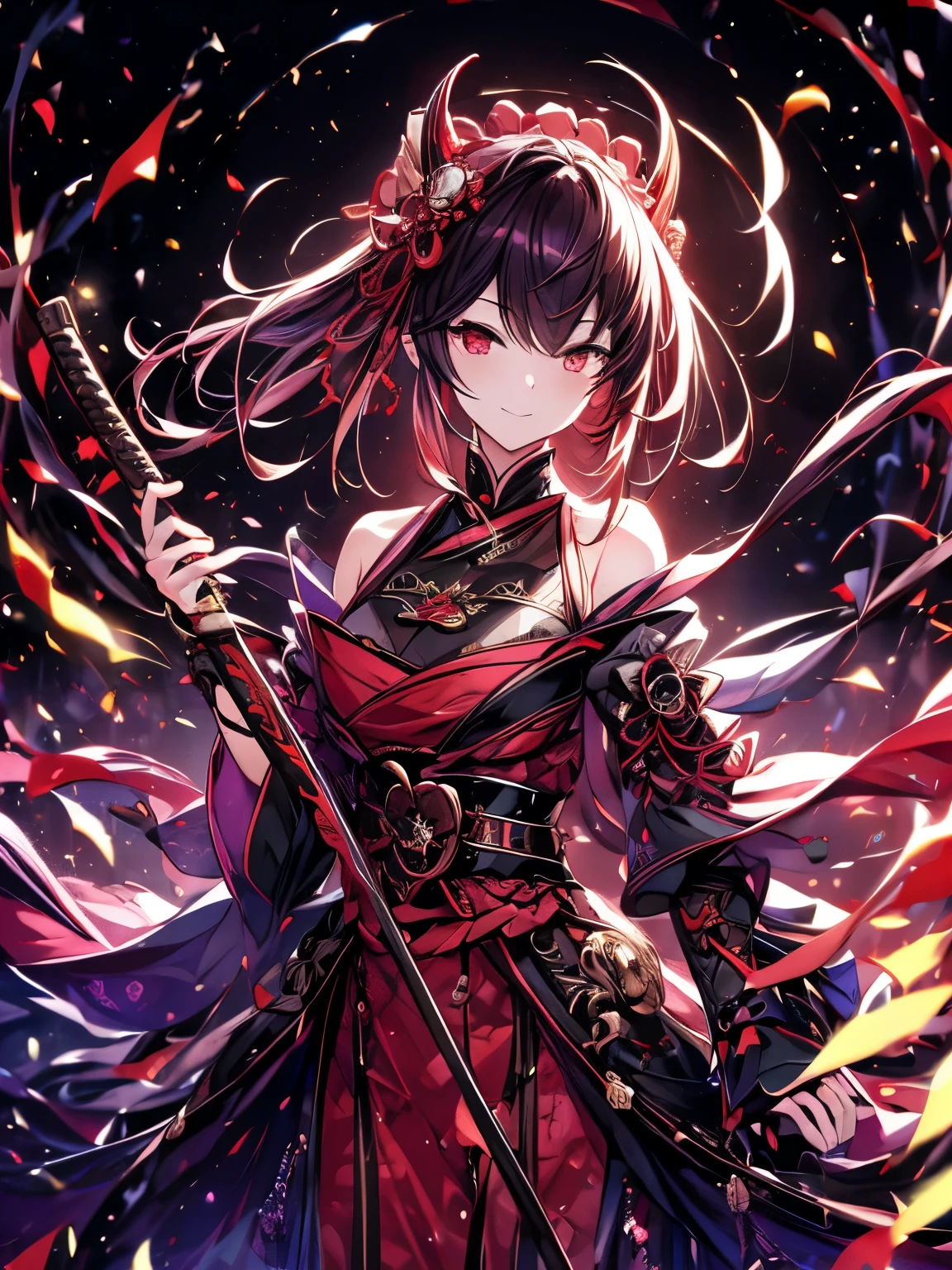 best quality,4K,high resolution),Ultradetailliert,realistisch,portrait, Lila Samurai Sukkubus mit einen katana dunkelrotem Haar, a purple-dark red spring dress with gold trim and bright red eyes, Leuchtende Farben, delicate features, seductive glance, Charming smile, wallende Haare, sanfte Beleuchtung