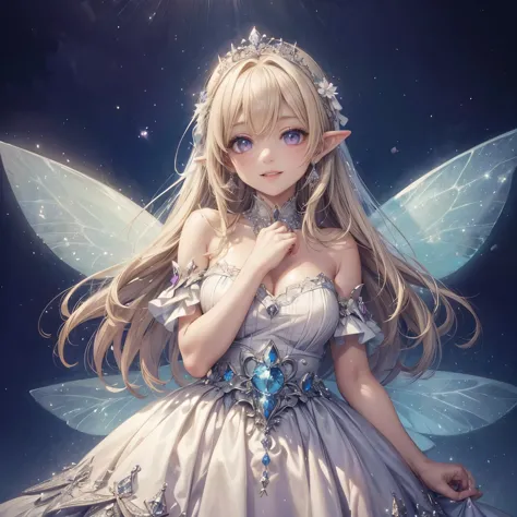 (highest quality, masterpiece, Super detailed, very detailed, exquisite, 16k,Full HD),upper body close-up, (((white background))),(fairy princess, purple eyes, Big eyes, white skin,slim, blonde,thin and long,thin and high nose,Huge fairy wings from slightl...