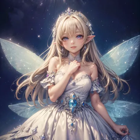 (highest quality, masterpiece, Super detailed, very detailed, exquisite, 16k,Full HD),upper body close-up, (((white background))),(fairy princess, purple eyes, Big eyes, white skin,slim, blonde,thin and long,(thin and high nose,small nose),Huge fairy wings...