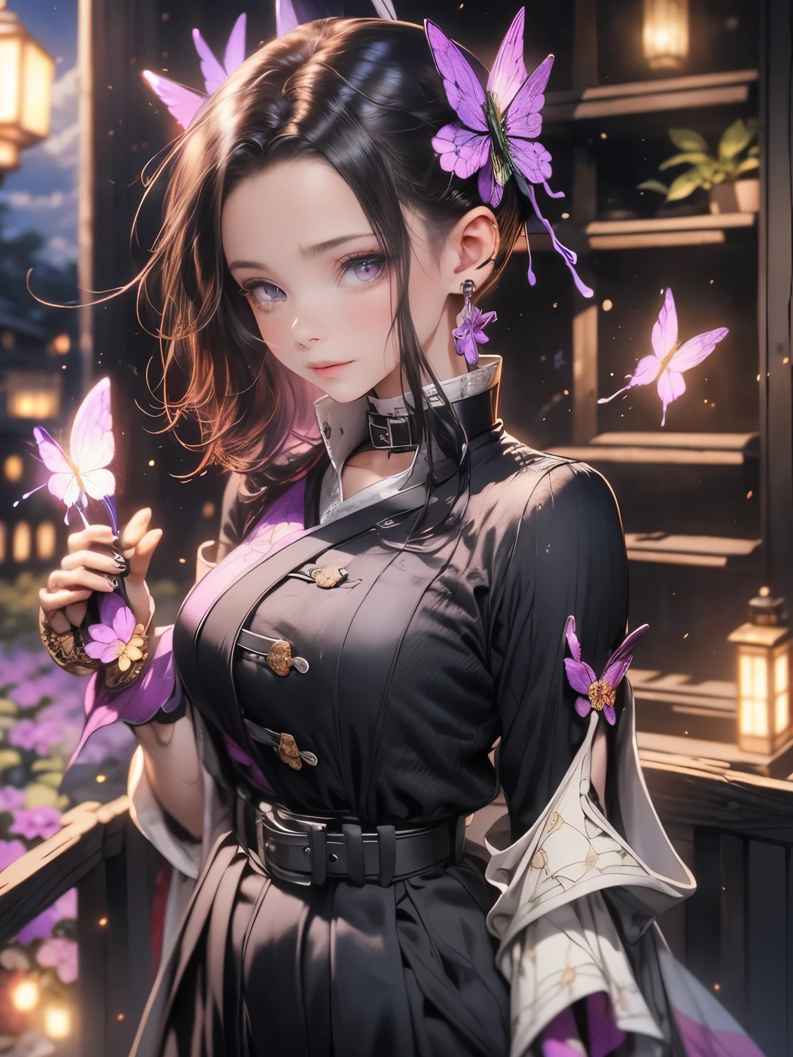 Hyper-realistic 8K CG,masterpiece,((Super detailed background, Exquisite pattern, intricate details)),best quality,very detailed Face,extremely detailed eyes and Face,extremely detailed eyes,Section Chief Ren,colorful hair,no bangs,hair intake,purple eyes,forehead,black shirt,Black pants,Haori,Butterfly,buttons,belt,(garden:1.2),purple flower,chibi,cloudy Sky,Sunlight,Tyndall effect,slope_Sky,Face,Gorgeous Sky,waist knife,Charming gesture, Hyper-realistic 8K CG, masterpiece, close up, (weapons in hand: 1.2), (attack: 1.2), beauty, goddess, from the front, Face sticking out, (Super detailed background, Exquisite pattern, intricate details)), high quality, highly detailed Face, highly detailed eyes and Face, highly detailed eyes, Fluttershy Ninja, colorful hair, no bangs, hair intake, purple eyes, forehead, black shirt, Black pants, (Haori, Butterfly: 1.3, button, belt), (garden: 1.2), purple flower, chibi, cloudy Sky, Sunlight, Tyndall effect, slope_Sky, Face, gorgeous Sky, Waist saber,