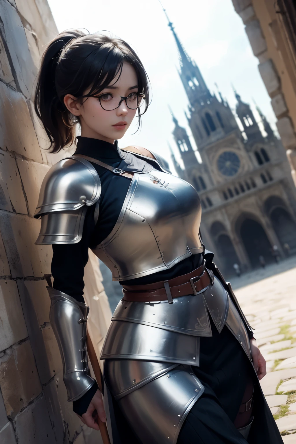 ((Weitwinkelaufnahme des Hundertjährigen Krieges in Frankreich)), eine schöne Frau, schwarze Haare in einem Pferdeschwanz, bangs, Brille tragen, trägt die Rüstung von Jeanne d&#39;Arc