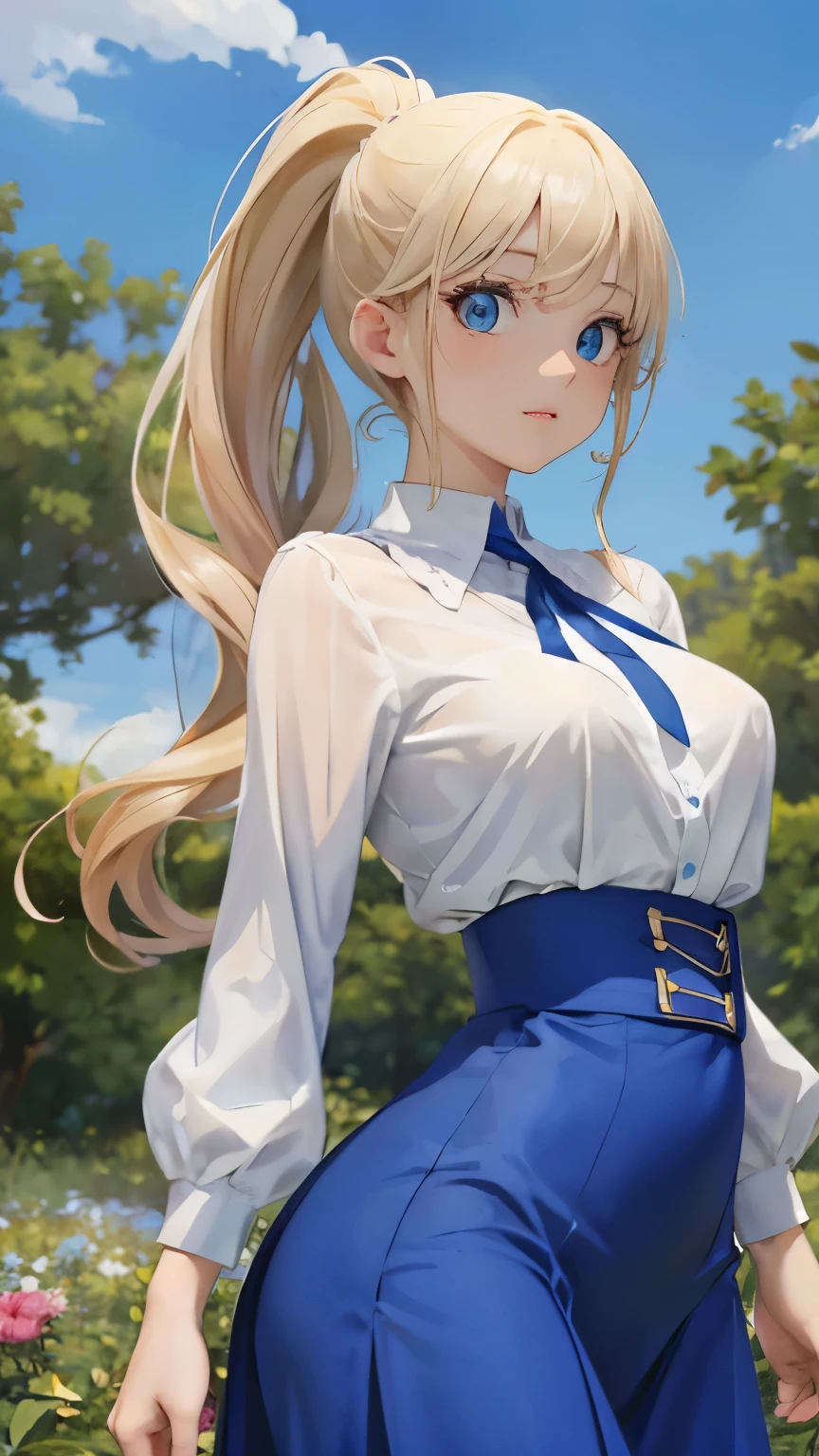 (masterpiece:1.2), (highest quality:1.2),, Curvy but slender body, perfect eyes, perfect face, perfect lighting, 1 girl, in the garden, （blouse），（whole bodyショット），（long skirt），（ponytail）, fine clothes, detailed outdoor background, compensate, eye shadow, thick eyelashes, fantasy, looking at the viewer, whole body、blue sky、Bright and very beautiful face、young shiny glossy white shiny skin、the best beauty、the most beautiful bright blonde hair in the world、thin hair、long hair、Shining beautiful bangs、big shining blue eyes、Very beautiful and lovely 18 years old, the most beautiful girl in the world、small breasts