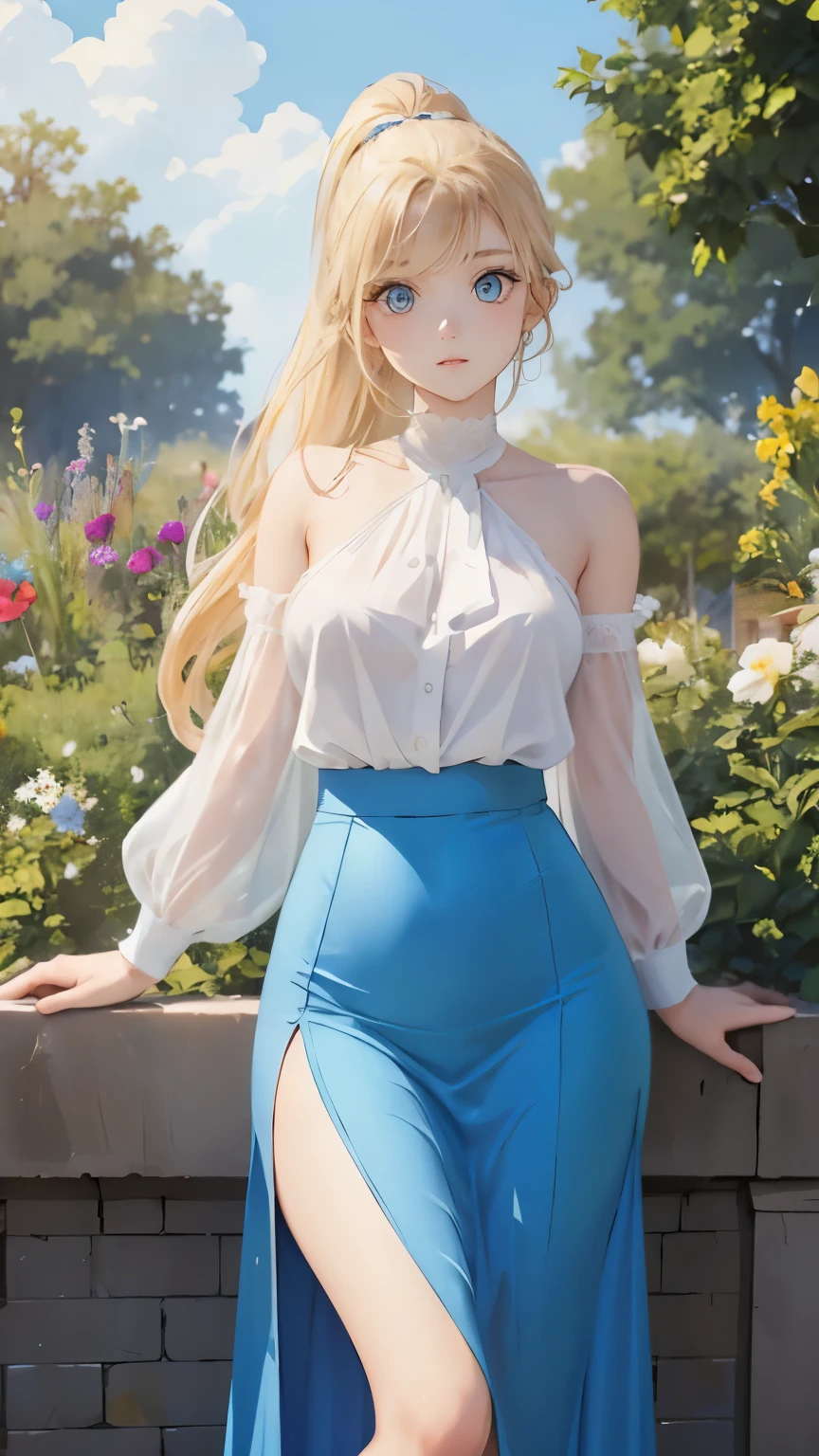 (masterpiece:1.2), (highest quality:1.2),, Curvy but slender body, perfect eyes, perfect face, perfect lighting, 1 girl, in the garden, （blouse），（whole bodyショット），（long skirt），（ponytail）, fine clothes, detailed outdoor background, compensate, eye shadow, thick eyelashes, fantasy, looking at the viewer, whole body、blue sky、Bright and very beautiful face、young shiny glossy white shiny skin、the best beauty、the most beautiful bright blonde hair in the world、thin hair、long hair、Shining beautiful bangs、big shining blue eyes、Very beautiful and lovely 18 years old, the most beautiful girl in the world、small breasts