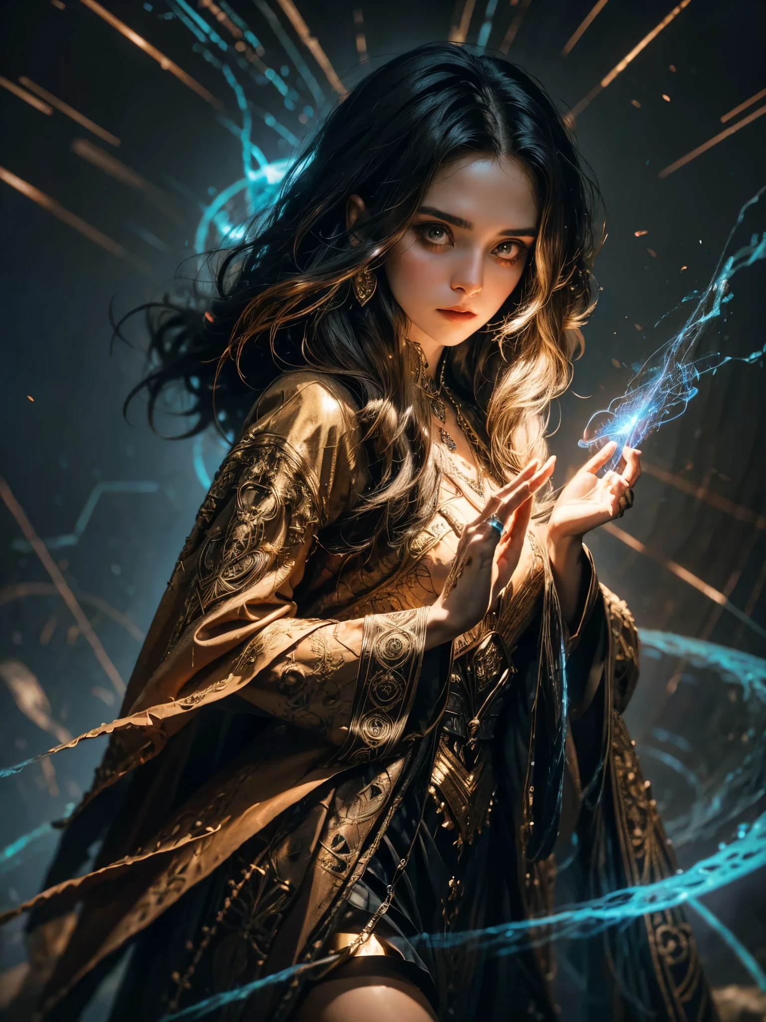 Uma jovem feiticeira está posicionada com uma mão levantada, seus dedos tecem delicadamente padrões intrincados no ar enquanto ela canaliza energia mágica. Suas vestes vibrantes ondulam ao seu redor, adornado com runas e símbolos intrincados que parecem brilhar com poder arcano. Seus olhos brilham com determinação, e fios de energia mágica dançam ao seu redor enquanto ela se prepara para lançar um poderoso feitiço.