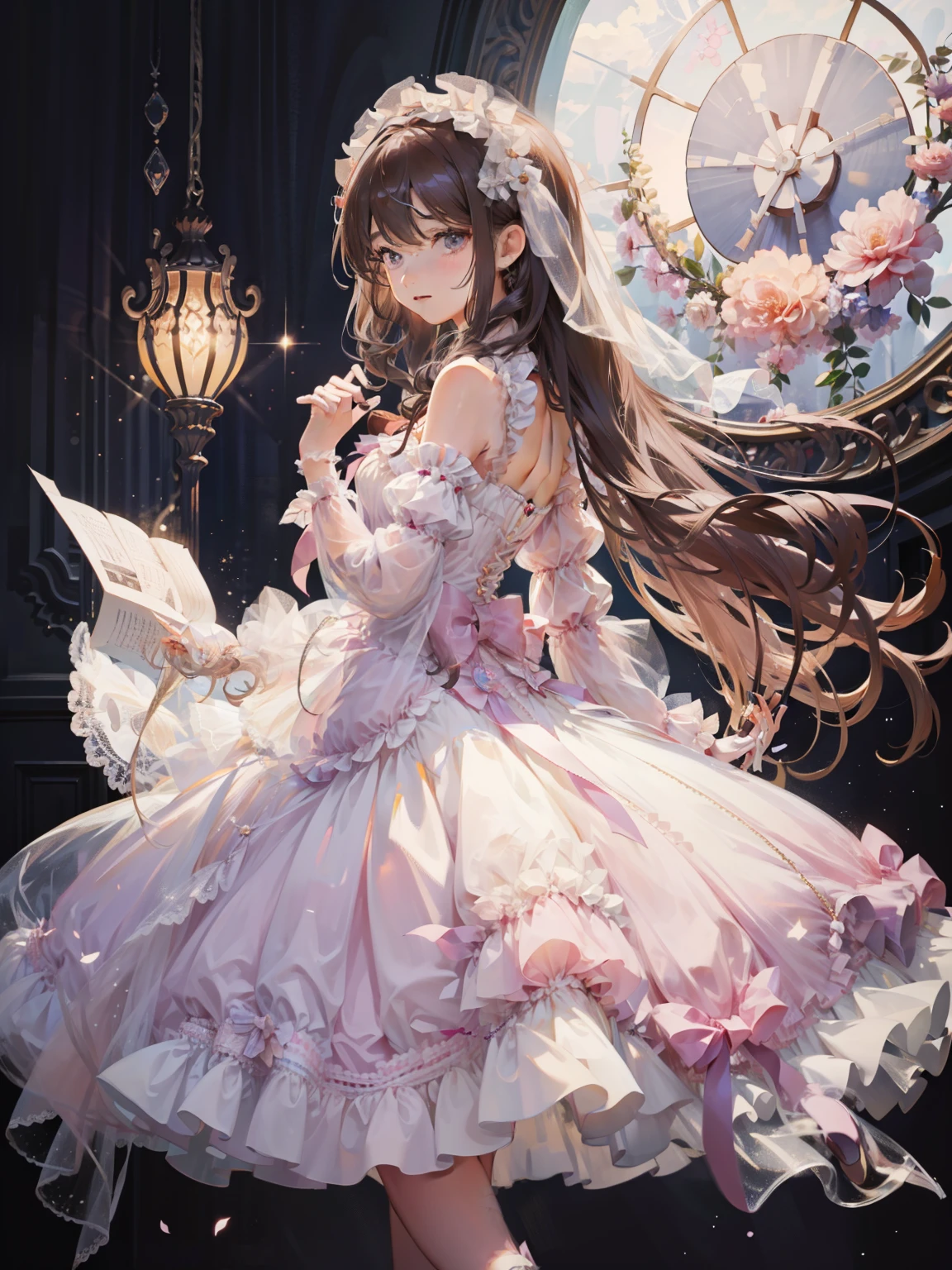 (very delicate and beautiful:1.5),1 girl, standing on one&#39;s own feet，full body esbian，cute face，light smile，by bangs, jewel eyes, Backlight，long curly hair, lolita dress, brown hair, please shut your mouth, seen from the side, lanthanum, particles of light, long sleeves, looking at the viewer，pink bow，solo