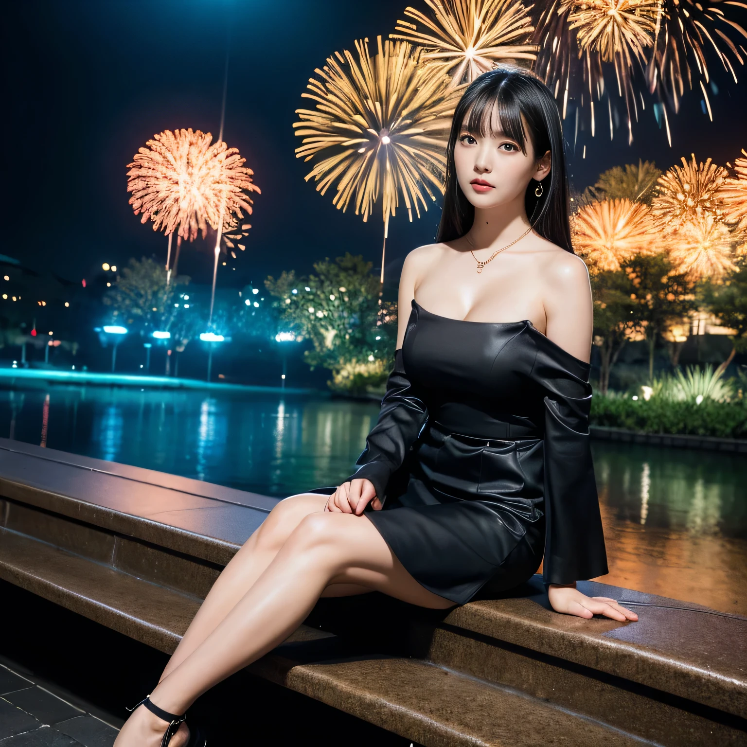 full body portrait, 8K quality, masterpiece, live action, real human emotions, realistic skin texture, natural skin, Natural big breasts that sag slightly due to gravity, cleavage, In front of the huge spherical fish tank at the aquarium at night (fireworks reflected in the aquarium), she is sitting on a bench with her legs wide open, her clothes are bulging, Her black hair is super long and straight, With bangs, black and white. golden dress, one shoulder, mini skirt, high heels, (dim: 1.5), cinematic lighting, shallow depth of field