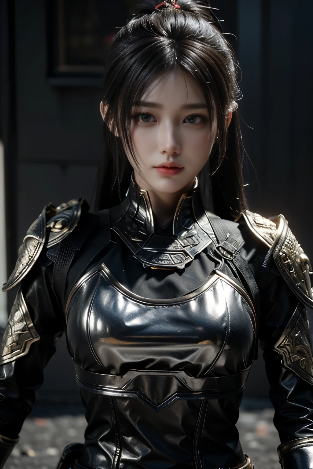 Game art，The best picture quality，Highest resolution，8K，(Portrait:1.5)，(Head close-up)，(Rule of thirds)，Unreal Engine 5 rendering works， (The Girl of the Future)，(Female Warrior)， 
20-year-old girl，An eye rich in detail，(Big breasts)，Elegant and noble，indifferent，brave，
(Future style combat suit combining the characteristics of ancient armor，Ancient runes of light，Combat accessories with rich detailetallic luster)，Future police，cyberpunk characters，

photo poses，simple background，Movie lights，Ray tracing，Game CG，((3D Unreal Engine))，OC rendering reflection pattern