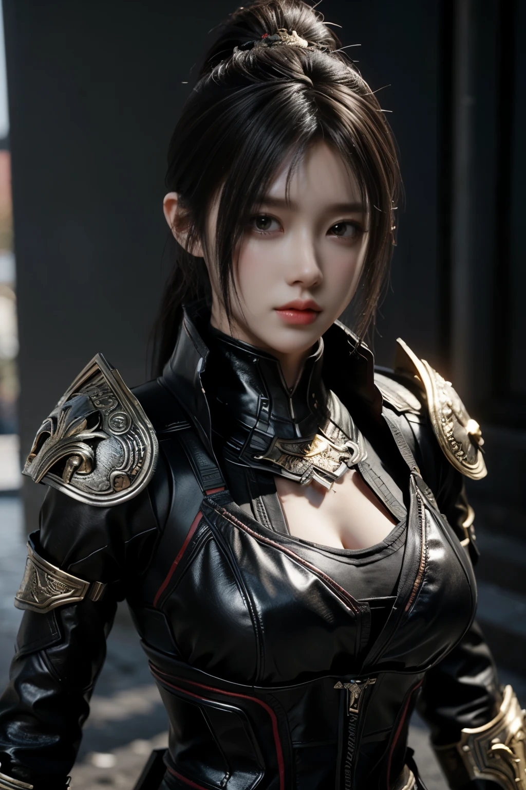 Game art，The best picture quality，Highest resolution，8K，(Portrait:1.5)，(Head close-up)，(Rule of thirds)，Unreal Engine 5 rendering works， (The Girl of the Future)，(Female Warrior)， 
20-year-old girl，An eye rich in detail，(Big breasts)，Elegant and noble，indifferent，brave，
(Future style combat suit combining the characteristics of ancient armor，Ancient runes of light，Combat accessories with rich detailetallic luster)，Future police，cyberpunk characters，

photo poses，simple background，Movie lights，Ray tracing，Game CG，((3D Unreal Engine))，OC rendering reflection pattern