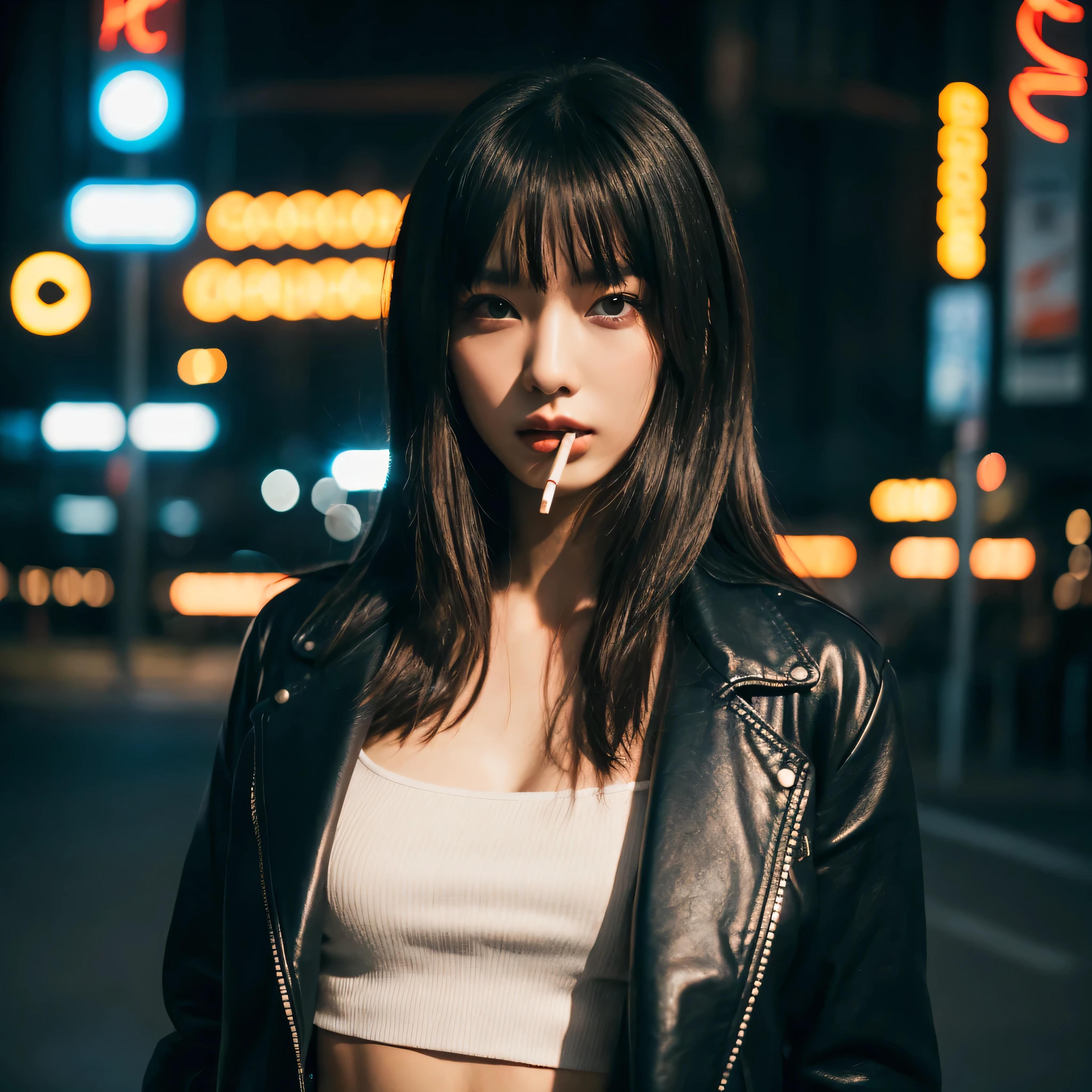 (Best Quality, Masterpiece, Ultra High Definition, High resolution, highly detailed, High Definition Face:1.5), (20-year-old woman, full body photo:1.3), 1 beautiful woman, (Beautiful woman with a cigarette in her mouth:1.5), (beautiful woman wearing Beautiful woman wearing a leather jacket, Black leather:1.3), (beautiful eyes, light in the eyes), white skin, Glossy, shiny skin, very Fair skin, (film photography style, photo with strong shadows, , Background neon light, neon color, City of night, cyber punk:1.2), Poker face, violently fluttering hair, random hair styles, random hair color, Slim Big Breasts, 