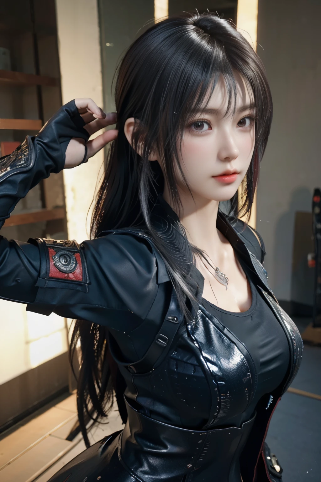 Game art，The best picture quality，Highest resolution，8K，(Portrait:1.5)，(Head close-up)，(Rule of thirds)，Unreal Engine 5 rendering works， (The Girl of the Future)，(Female Warrior)， 
20-year-old girl，An eye rich in detail，(Big breasts)，Elegant and noble，indifferent，brave，
(Future style combat suit combining the characteristics of ancient armor，Ancient runes of light，Combat accessories with rich details，Metallic luster)，Future police，cyberpunk characters，

photo poses，simple background，Movie lights，Ray tracing，Game CG，((3D Unreal Engine))，OC rendering reflection pattern