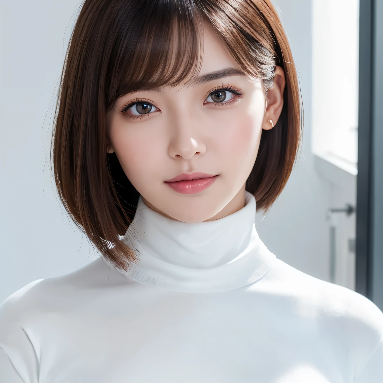 (highest quality、table top、8k、best image quality、Award-winning work)、One cute beauty、(straight short hair:1.1)、(alone:1.1)、(White tight see-through turtleneck knit:1.2)、(The simplest pure white background:1.2)、(Perfectly fixed on the front:1.1)、close up of face、(very big breasts:1.2)、(emphasize body line:1.2)、close up of face、(Perfect frontal and horizontal portrait of a woman with proper white space:1.2)、(Perfect depiction of a woman horizontally and from the front:1.2)、beautiful and detailed eyes、look at me and smile、(Upright photo from the chest up:1.2)、(turn around and look straight at me:1.2)、perfect makeup、Ultra high definition beauty face、ultra high definition hair、Super high-definition sparkling eyes、Ultra high definition perfect teeth、Super high resolution glossy lips、accurate anatomy、very beautiful skin、(Pure white skin that shines with ultra-high resolution:1.1)、Elegant upright posture when viewed from the front、(very bright:1.2)