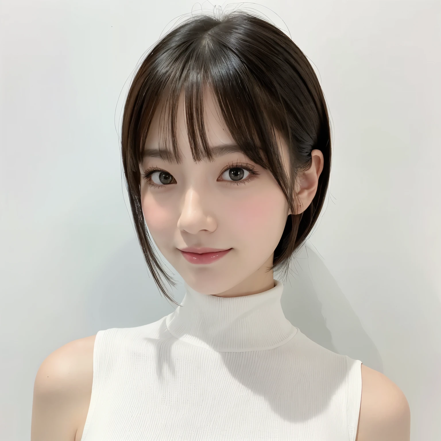 (highest quality、table top、8k、best image quality、Award-winning work)、One cute beauty、short hair、(alone:1.15)、(White snug sleeveless turtleneck knit:1.2)、(The simplest pure white background:1.2)、(Perfectly fixed on the front:1.1)、close up of face、(very big breasts:1.25)、(emphasize body line:1.25)、close up of face、(Perfect frontal and horizontal portrait of a woman with proper white space:1.2)、(Perfect depiction of a woman horizontally and from the front:1.2)、beautiful and detailed eyes、look at me and smile、(Upright photo from the chest up:1.2)、(turn around and look straight at me:1.2)、perfect makeup、Ultra high definition beauty face、ultra high definition hair、Super high-definition sparkling eyes、Ultra high definition perfect teeth、Super high resolution glossy lips、accurate anatomy、very beautiful skin、(Pure white skin that shines with ultra-high resolution:1.1)、Elegant upright posture when viewed from the front、(very bright:1.2)
