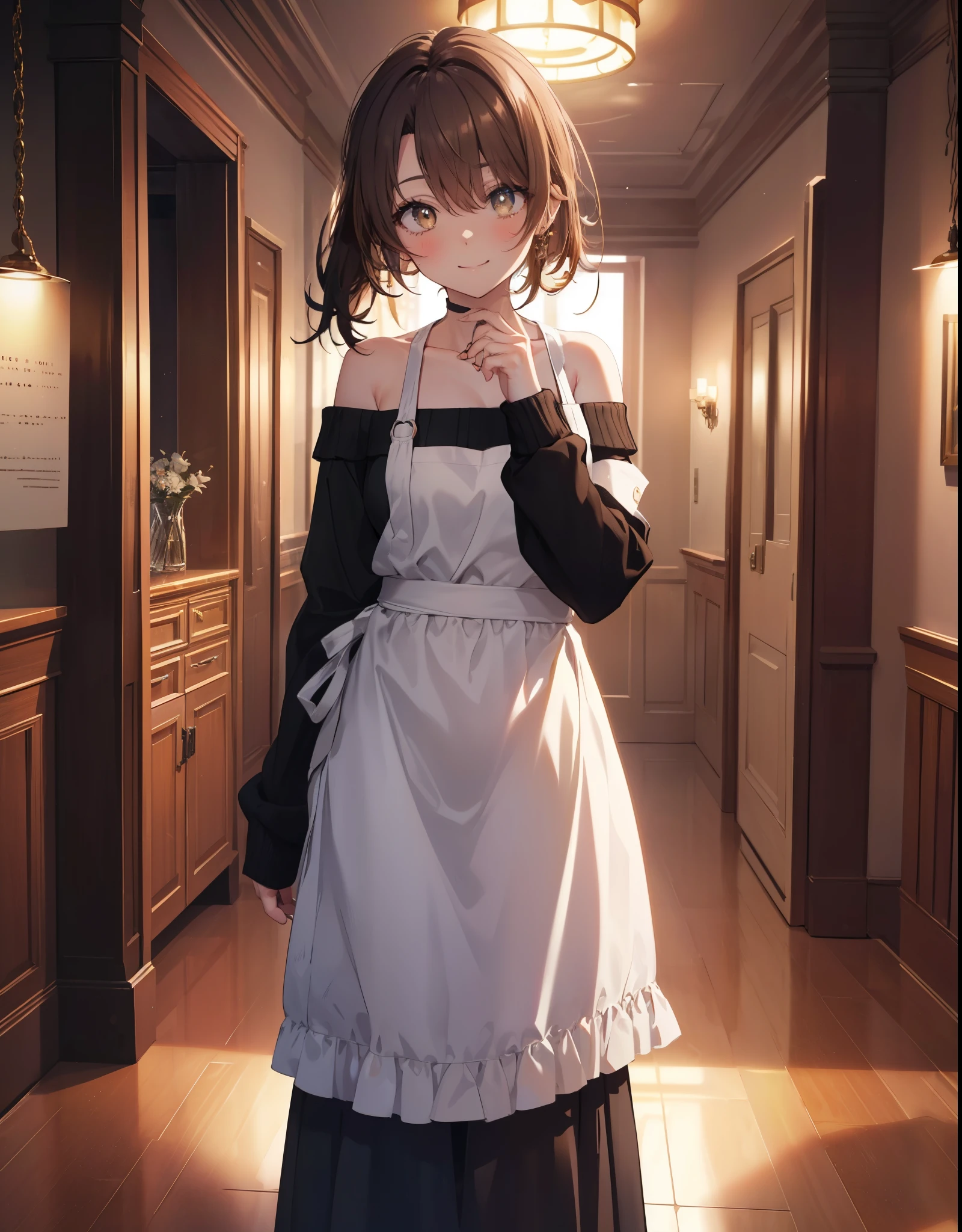 irohaisshiki, Isshiki Iroha, １people々&#39;woman,long hair, brown hair, ponytail,(brown eyes:1.5), smile,blush,night,
off shoulder sweater,long skirt,indoor slippers,apron,Entrance,
break indoors,indoor　Entrance,
break looking at viewer,
break (masterpiece:1.2), highest quality, High resolution, unity 8k wallpaper, (shape:0.8), (beautiful and detailed eyes:1.6), highly detailed face, perfect lighting, Very detailed CG, (perfect hands, perfect anatomy),