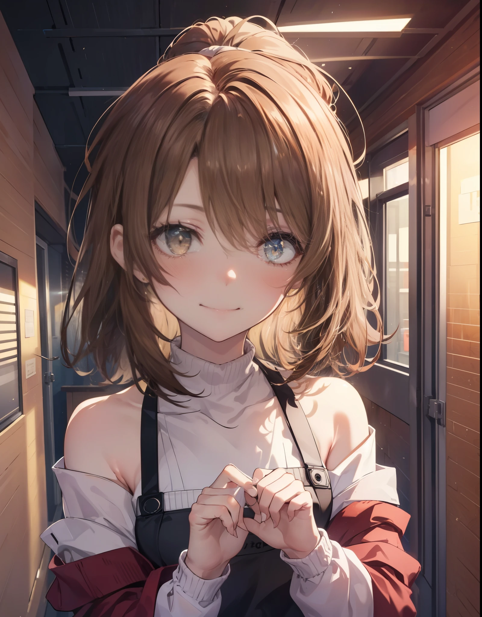 irohaisshiki, Isshiki Iroha, １people&#39;s women,long hair, light brown hair, ponytail,(brown eyes:1.5), smile,blush,night,
off shoulder sweater,long skirt,indoor slippers,apron,entrance
壊す indoors,indoor　entrance,
壊す looking at viewer,Upper body
break (masterpiece:1.2), highest quality, High resolution, unity 8k wallpaper, (shape:0.8), (beautiful and detailed eyes:1.6), highly detailed face, perfect lighting, Very detailed CG, (perfect hands, perfect anatomy),