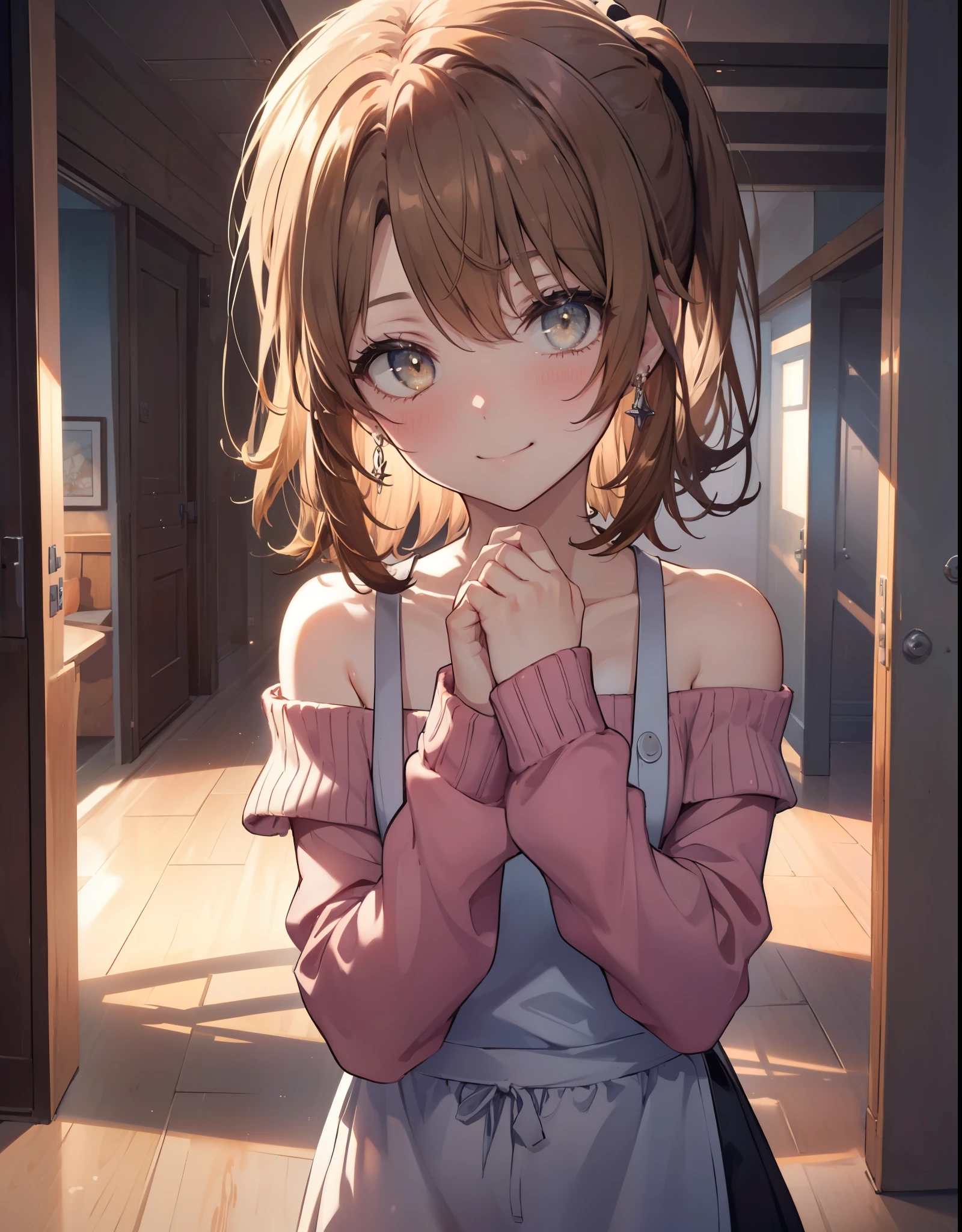 irohaisshiki, Isshiki Iroha, １people&#39;s women,long hair, light brown hair, ponytail,(brown eyes:1.5), smile,blush,night,
off shoulder sweater,long skirt,indoor slippers,apron,entrance
break indoors,indoor　entrance,
break looking at viewer,(cowboy shot:1. 5),
break (masterpiece:1.2), highest quality, High resolution, unity 8k wallpaper, (shape:0.8), (beautiful and detailed eyes:1.6), highly detailed face, perfect lighting, Very detailed CG, (perfect hands, perfect anatomy),