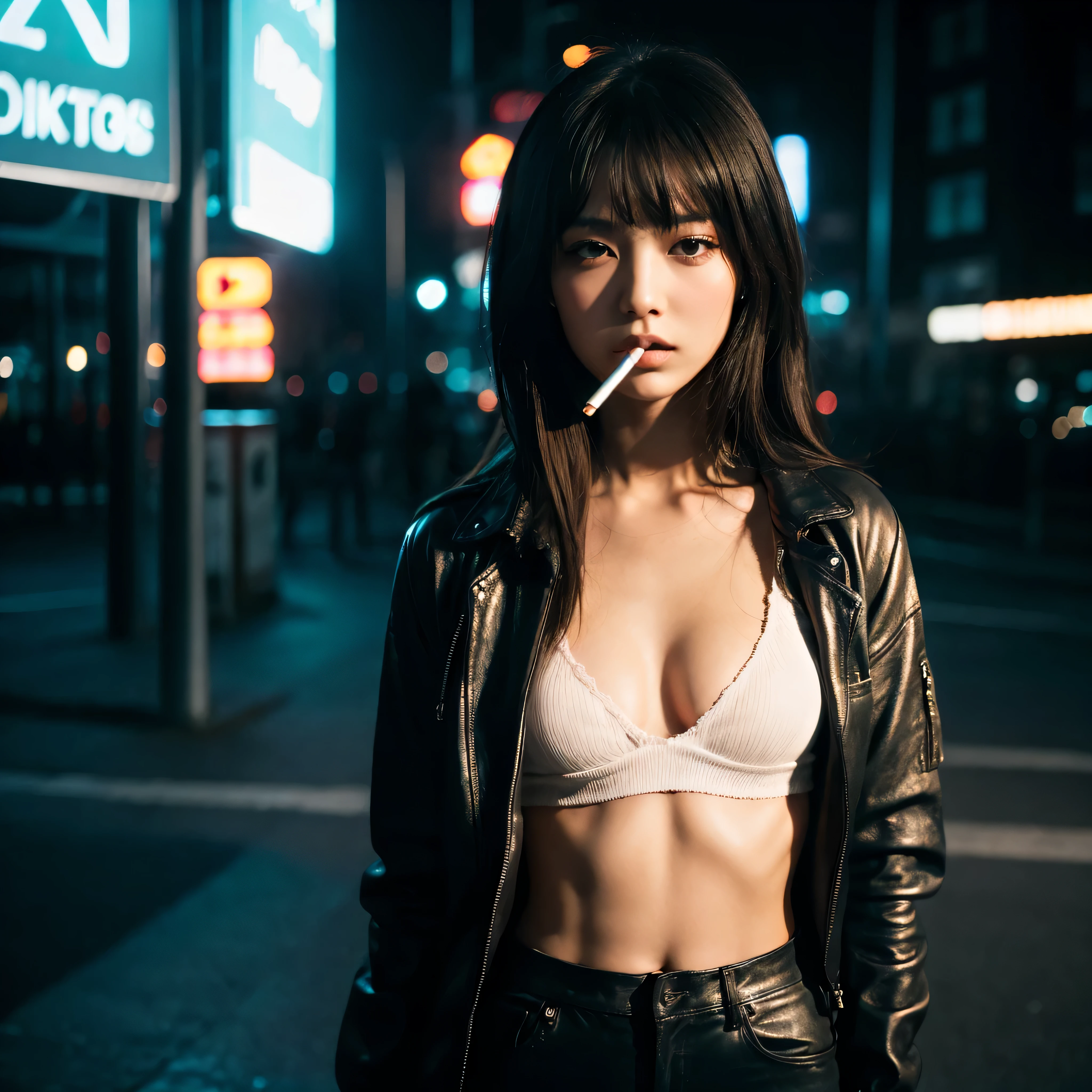 (Best Quality, Masterpiece, Ultra High Definition, High resolution, highly detailed, High Definition Face:1.5), (20-year-old woman, full body photo:1.3), 1 beautiful woman, (Beautiful woman with a cigarette in her mouth, Smoke is coming out of the cigarette:1.5), (beautiful woman wearing Beautiful woman wearing a leather jacket, neon color fashion:1.3), (beautiful eyes, light in the eyes, eyes are in focus), white skin, Glossy, shiny skin, very Fair skin, (film photography style, photo with strong shadows, Background neon light, City of night, cyber punk:1.2), Poker face, violently fluttering hair, random hair styles, random hair color, Slim Big Breasts, 