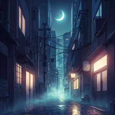 (masterpiece:1.2, best quality), (intricate details, depth of field), background, foggy city street, crescent moon