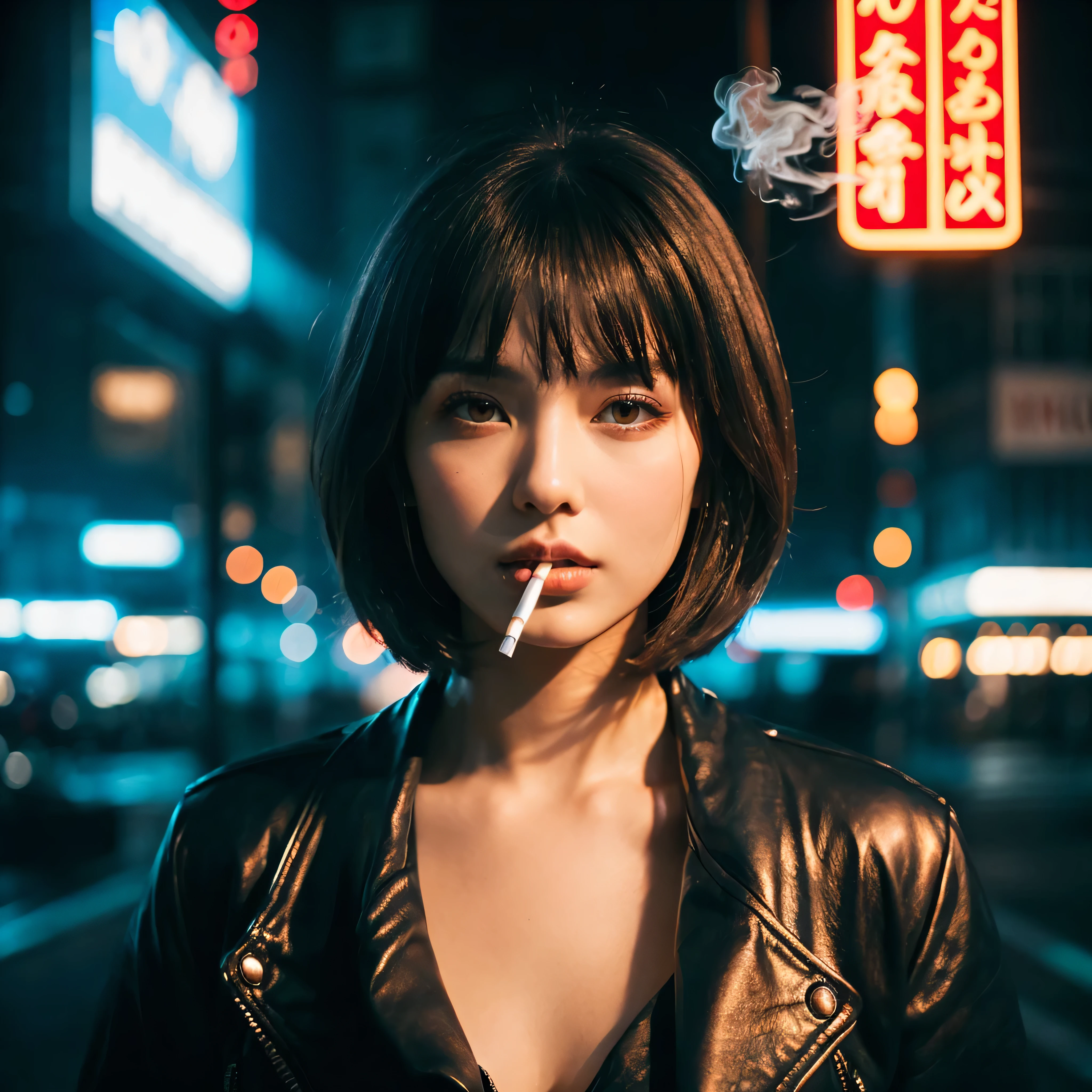 (Best Quality, Masterpiece, Ultra High Definition, High resolution, highly detailed, High Definition Face:1.5), (20-year-old woman, full body photo:1.3), 1 beautiful woman, (Beautiful woman with a cigarette in her mouth, Smoke is coming out of the cigarette:1.5), (beautiful woman wearing Beautiful woman wearing a leather jacket, neon color fashion:1.3), (beautiful eyes, light in the eyes, eyes are in focus), white skin, Glossy, shiny skin, very Fair skin, (film photography style, photo with strong shadows, Background neon light, City of night, cyber punk:1.2), Poker face, violently fluttering hair, random hair styles, random hair color, Slim Big Breasts, 