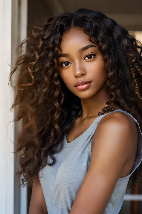 Best quality, melanin, beautiful black and Asian mixed girl, brown skin, long very curly frizzy hair, natural face, no makeup, c...