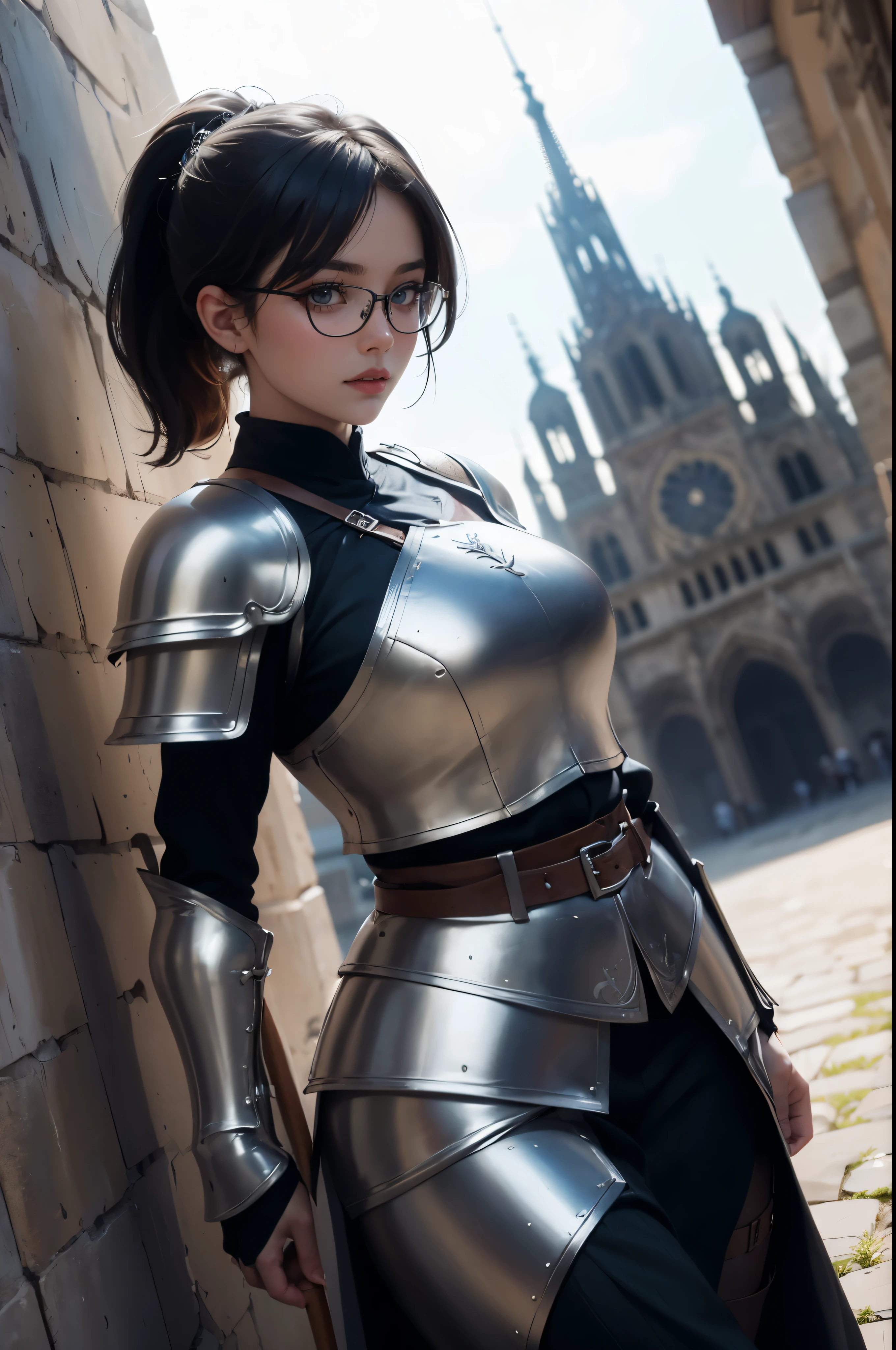 ((Amplio ángulo de visión de los Cien Años.&#39; Guerra en Francia)), hermosa mujer joven, pelo negro en una cola de caballo, liso, usar gafas, Usa la armadura de Jeanne&#39;Arc