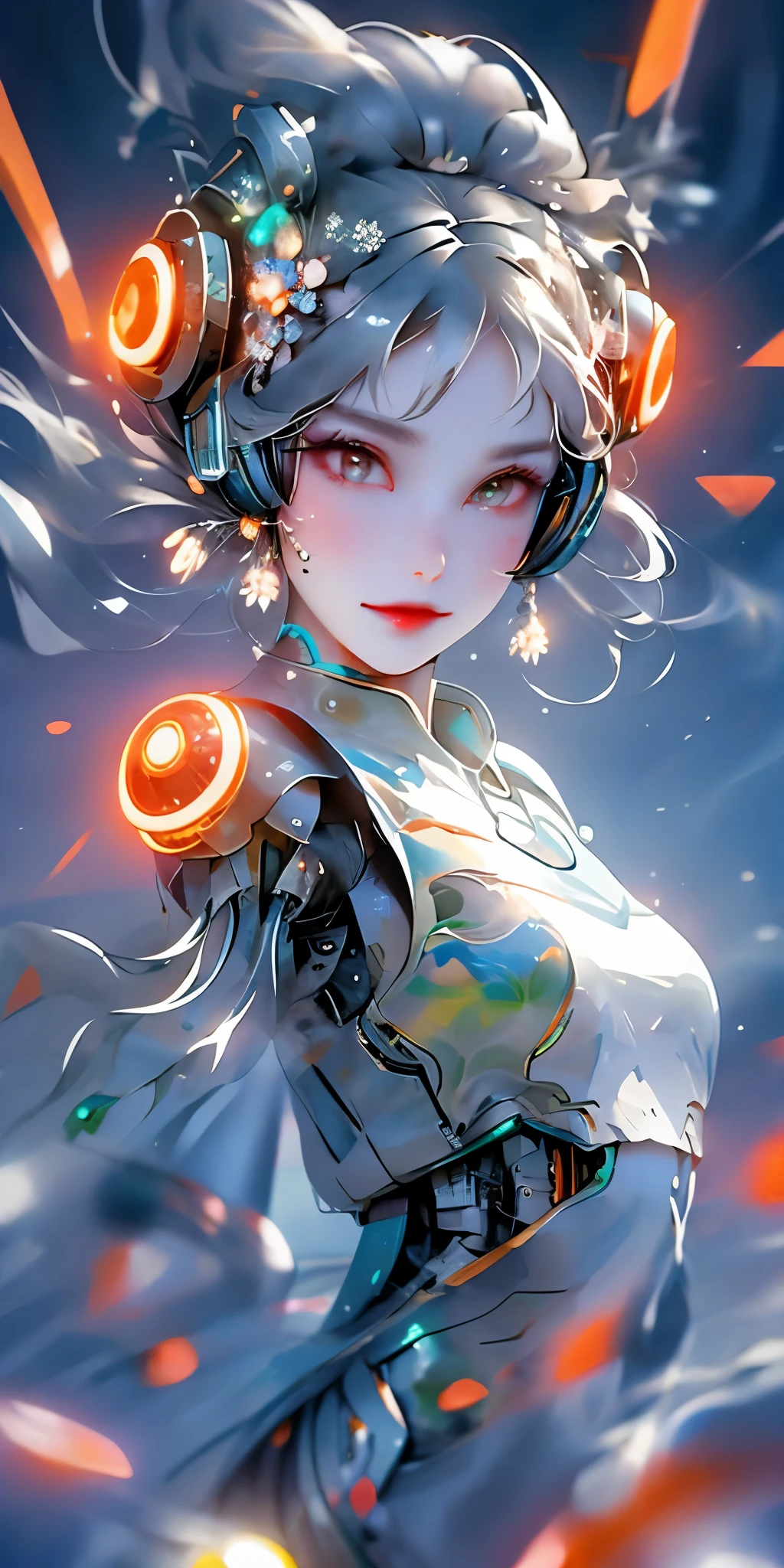 1 fille, Chinois_vêtements, liquid silver and Tangerine, cyberhan, cheongsam, ville cyberpunk, poses dynamiques, Écouteurs lumineux détaillés, accessoires pour cheveux lumineux, cheveux longs, Luminous boucle d&#39;oreilles, collier lumineux, cyberpunk, 高science et technologie城, full of mechanical and futuriste elements, futuriste, science et technologie, néons lumineux, Tangerine, Tangerine light, Tulle transparent, banderoles transparentes, laser, Ciel de ville de fond numérique, grande lune, Il y a un véhicule, Meilleure qualité, chef-d&#39;œuvre, 8k, lumière de jante de personnage, Détails ultra élevés, haute qualité, La plus belle femme de l&#39;humanité, sourire, Face vers l&#39;avant et symétrique, boucle d&#39;oreille, Belle étudiante, Effets de lumière, données visuelles, Cheveux blanc argenté, Texture du visage ultra détaillée