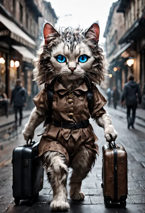 （Curly puppet cat）blue eyes（4k）Pulling the suitcase，walking on central street，（（surreal：1.5））super cool。