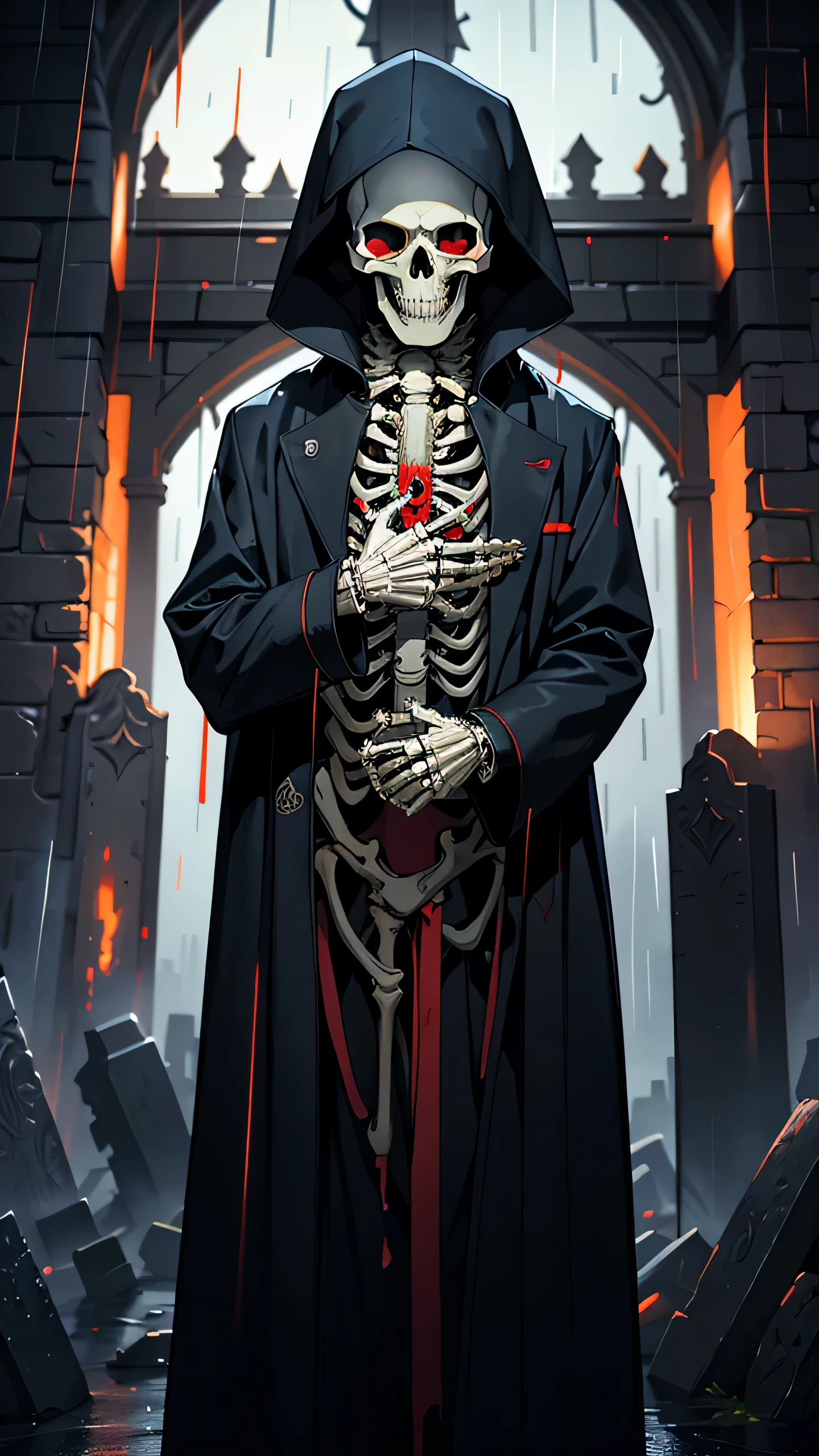 gloving red eyes,rain,standing outside,graveyard,masterpiece, best quality, skeleton style, solo, indoors, castle, light, professional light, colorful, ultra detailed, demonic evil smile, skull, anime style, long coat, black coat, open shirt, (6 Years Old, AS-Youngest)