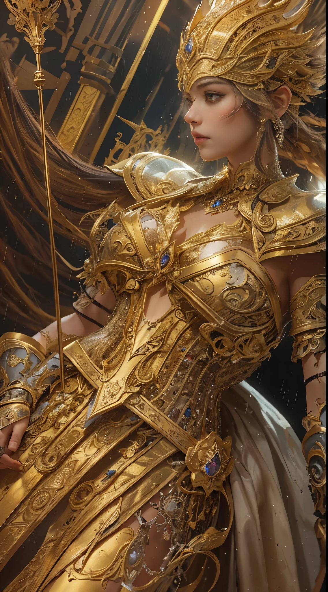 Mujer en vestido dorado, Estación de arte real, escena de fuertes lluvias, arte de fantasía detallado, impresionante arte de personajes, Hermoso y exquisito arte de personajes., Hermosa armadura dorada, espada legendaria larga y grande, extremadamente detallado, Chica con armadura brillante, Exquisito tocado y joyería intrincados, Captura de cuerpo completo,