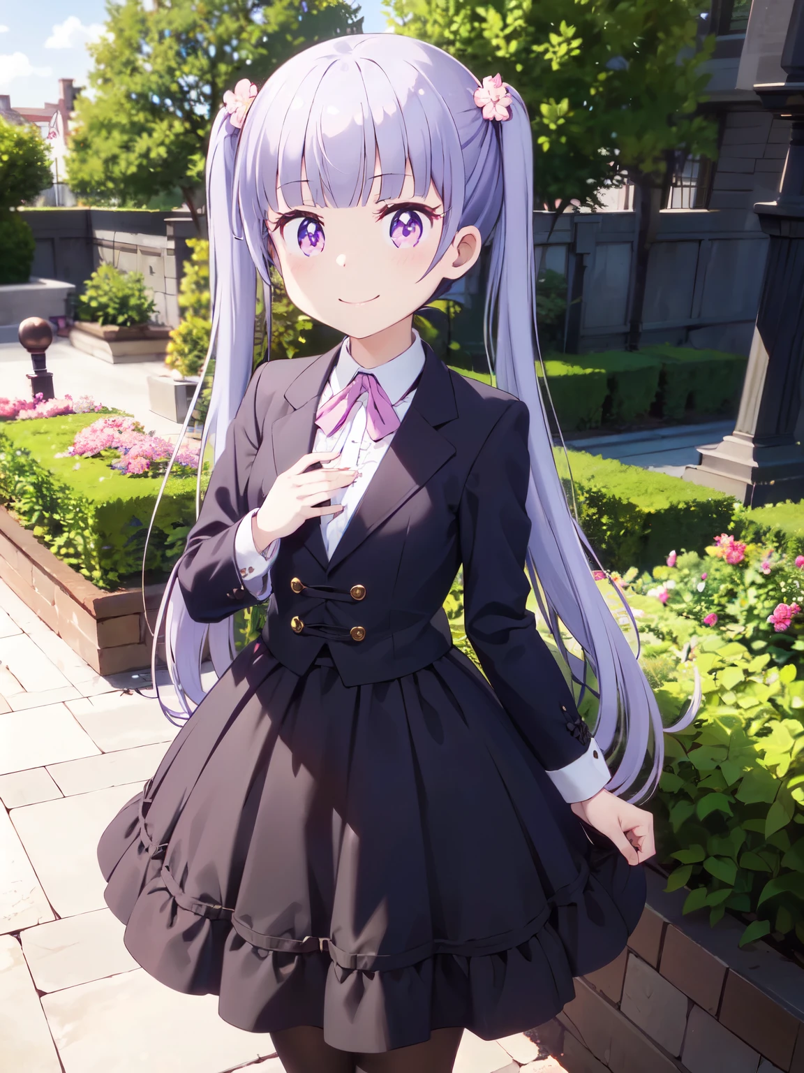  [3D Images:1.15]、garden、Overall long hair、1 girl, smile, suzukaze aoba, long hair, brown hair、bright pupils、open chest、gothic  style、gothic lolita clothes、Cute skirt、skirt, white skirt、absolute reference to center