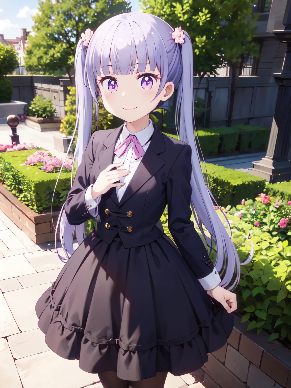  [3D images:1.15]、garden、全体的にlong hair、1 girl, smile, suzukaze aoba, long hair, brown hair、bright pupils、open chest、gothic  style、gothic lolita clothes、Cute skirt、skirt, white skirt、absolute reference to center