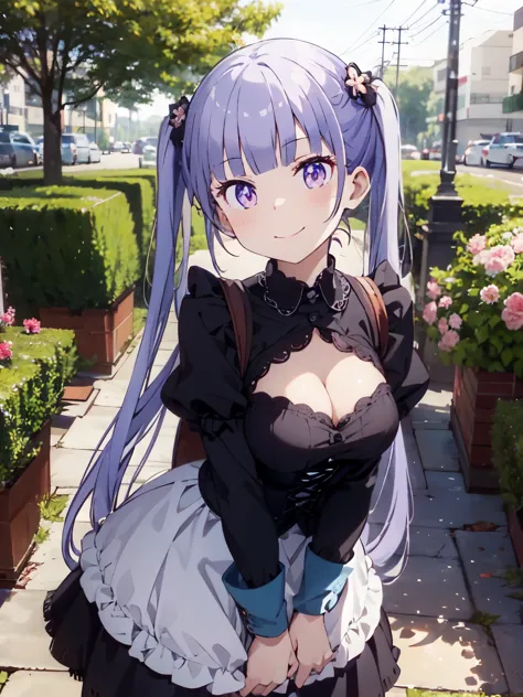[3D images:1.15]、garden、全体的にlong hair、1 girl, smile, suzukaze aoba, long hair, brown hair、bright pupils、open chest、gothic  style、gothic lolita clothes、Cute skirt、skirt, white skirt、absolute reference to center、big breasts、leaning forward