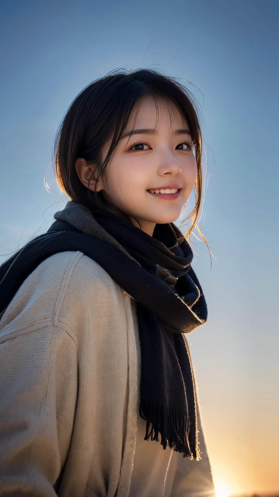(highest quality,masterpiece:1.3,ultra high resolution),(Super detailed,caustics,8k),(photorealistic:1.4,RAW shooting),(sunset),(Backlight),(sunset sky),dusk,(snowfield),18-year-old,cute,Japanese,Black Hair Middle Hair,(look up a little),(open your mouth a little:1.1),smile,Scarf,down coat,side shot,Close-up shot from the waist up,low position,Low - Angle,Natural light