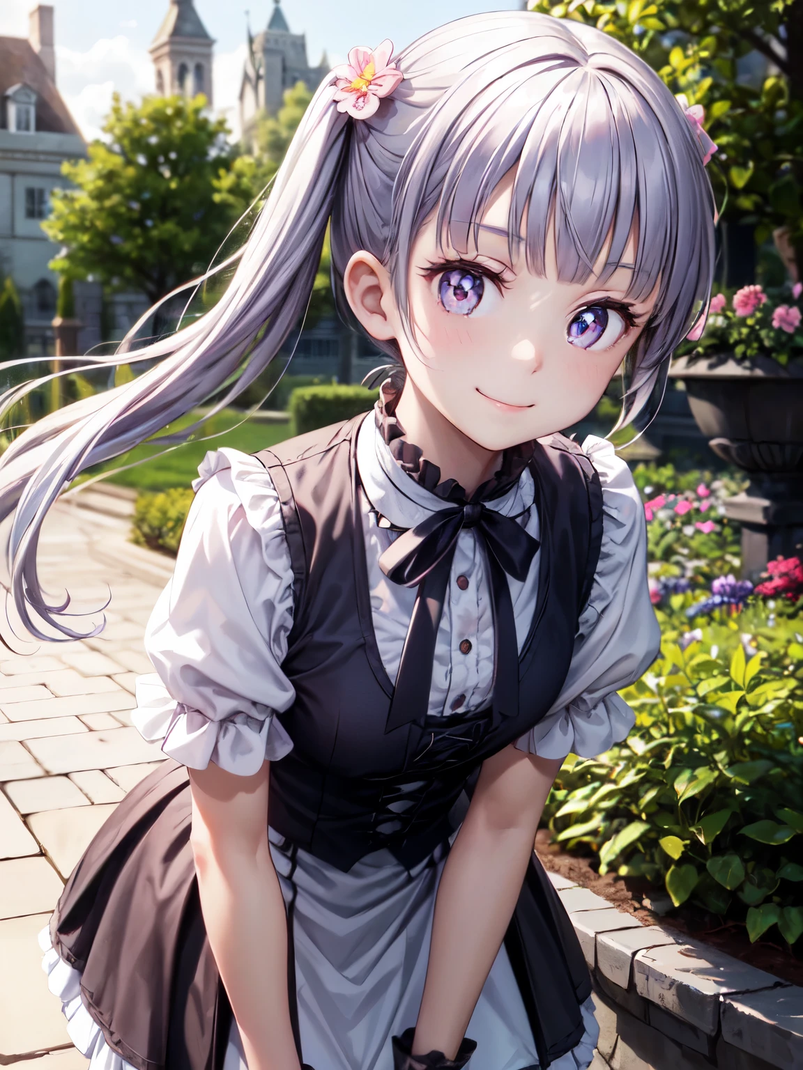 super detailed, High resolution,[8K images:1.15],garden、Overall long hair、1 girl, smile, suzukaze aoba, long hair, brown hair、bright pupils、open chest、gothic lolita clothes、Cute skirt、skirt, white skirt、absolute reference to center、leaning forward