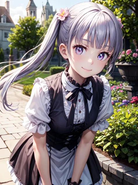 super detailed, High resolution,[8k images:1.15],garden、全体的にlong hair、1 girl, smile, suzukaze aoba, long hair, brown hair、bright pupils、open chest、gothic lolita clothes、Cute skirt、skirt, white skirt、absolute reference to center、leaning forward